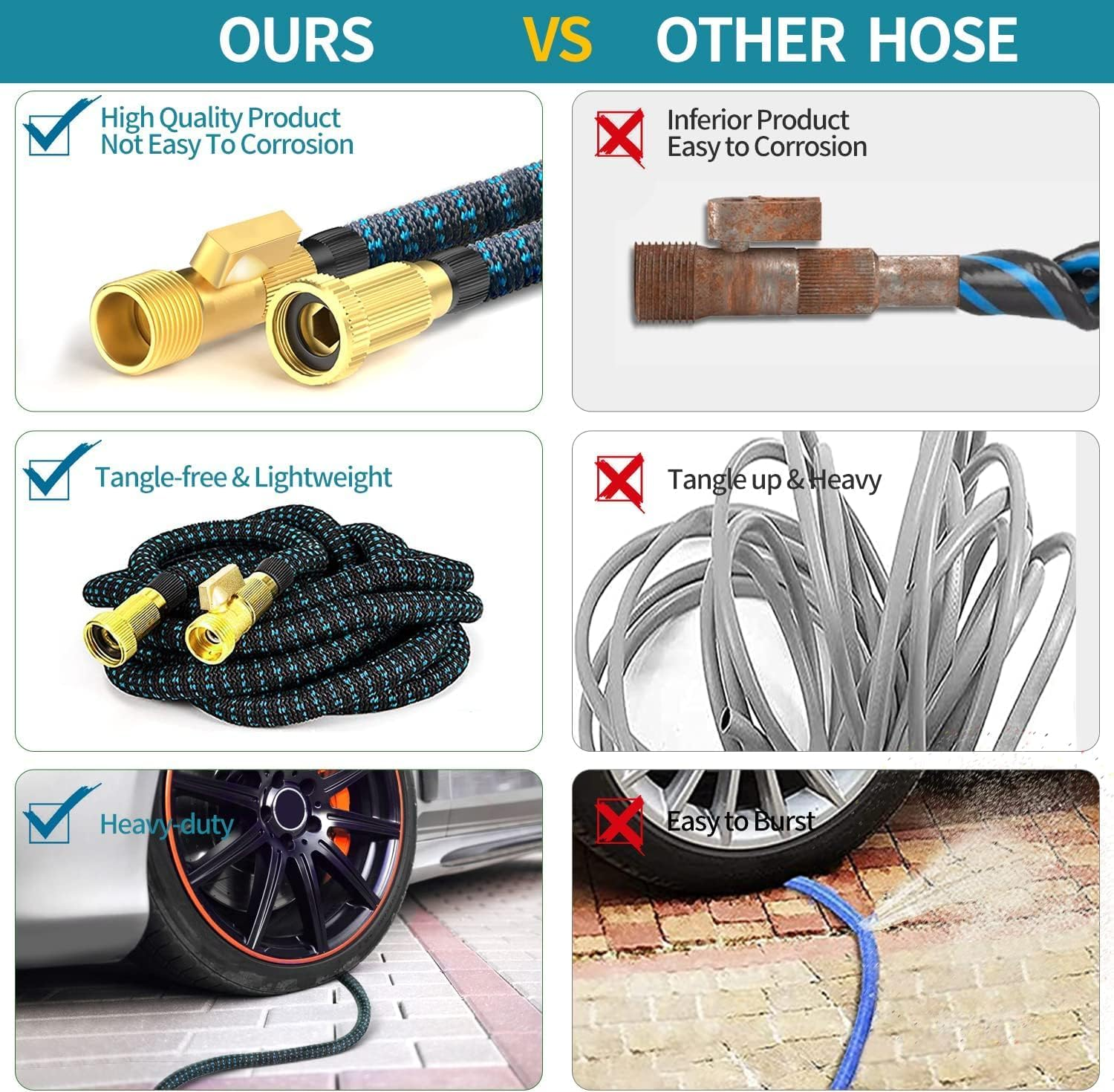 100 FT Expandable Garden Hose with 10 Function Spray Nozzle, No-Kink, Lightweight, Flexible Hose with Brass Fittings and 4-Layer Latex Core, Retractable Water Hose (Blue Black) image number 3