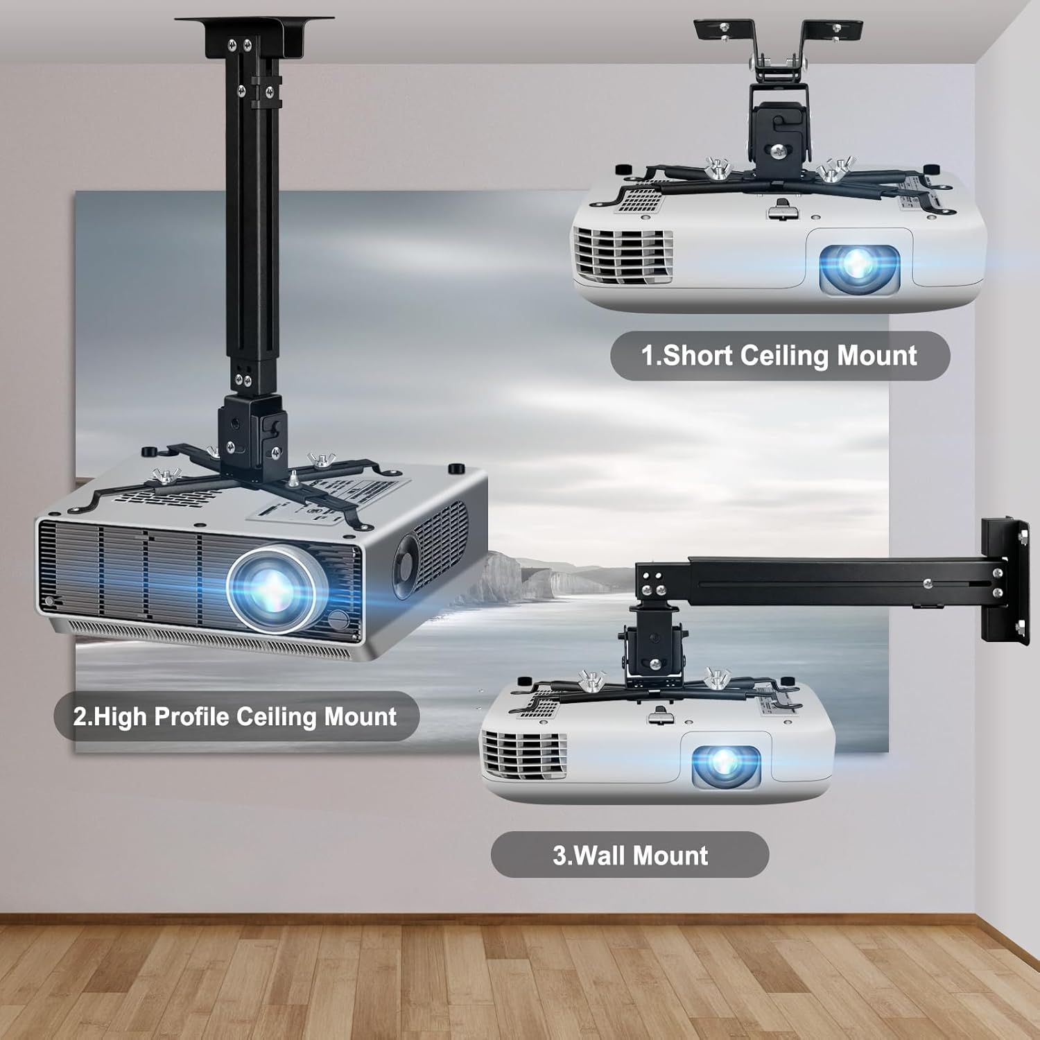 2-Be-Best Projector Ceiling Mount Wide Pipe Universal 3-In-1 Projector Wall Mount Bracket with Adjustable Arm, Flush Mount Option, Built-In Cable Management for Office Home Black image number 2