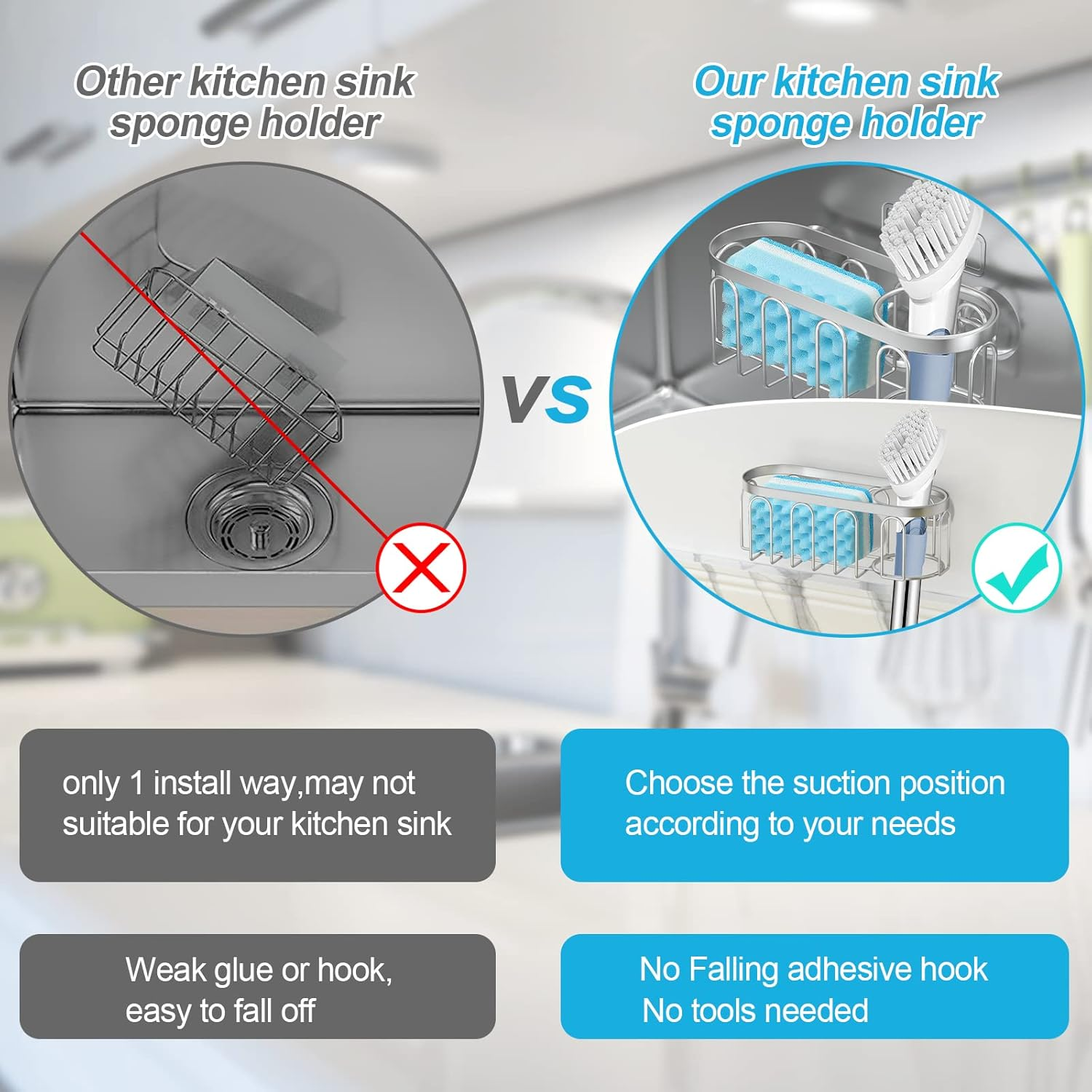 2-In-1 Sponge Holder for Kitchen Sink, Suction Cup Rack/Caddy, No Drill Rustproof Organizer for Place Dishwashing Brush Soap (Silver)