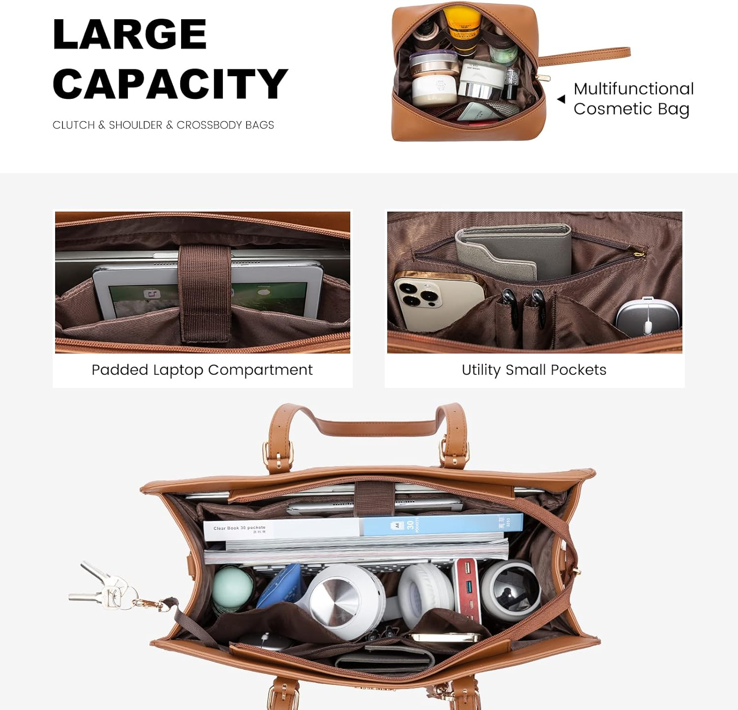 LOVEVOOK Laptop Bag for Women 15.6 Inch Lightweight Laptop Tote Bag, Large Capacity Computer Bag with Clutch Purse for Business, Work, Office, Travel, School,Casual - Beige  Black image number 2