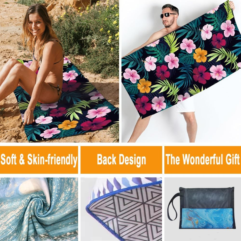 Bongu Beach Towel Sand Free 180X90Cm 2 Pack with Travel Bag, Quick Dry Pool Towels Oversized Travel Towel Lightweight for Beach Party, Pool,Baths Large Towels (Starfish & Flowers)