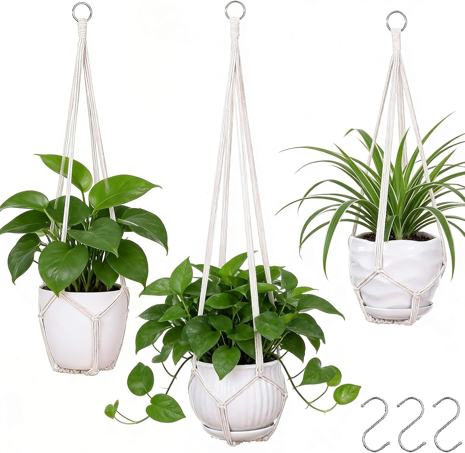 YIBOT 3 Pack Macrame Plant Hanger Indoor Hanging Planter Basket with 3 Hooks, 35"/29"/23" Crochet Plant Holder Stand No Tassels for Indoor Outdoor Boho Home Decor, Ivory (POTS NOT Included) - Black image number 5