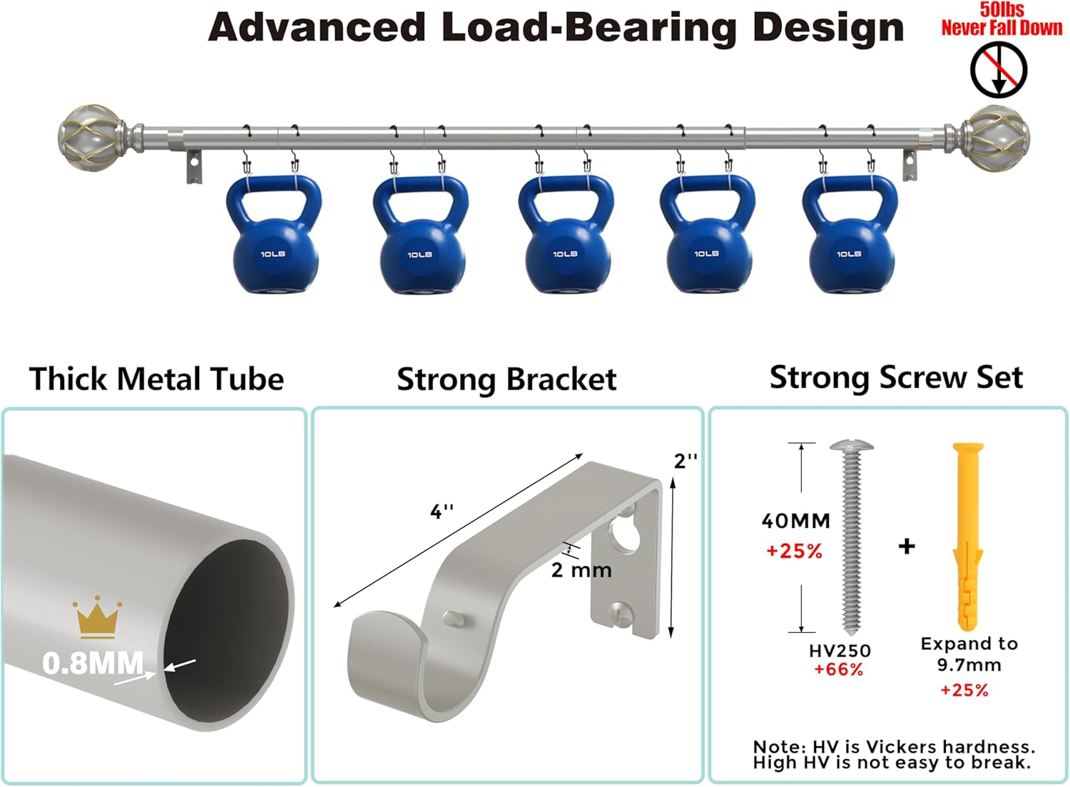 Curtain Rod 300 Cm, 325-Cm Rod, Thick, Adjustable Length Heavy Duty Decorative Finials Diameter 7/8 Inch,Silver image number 5
