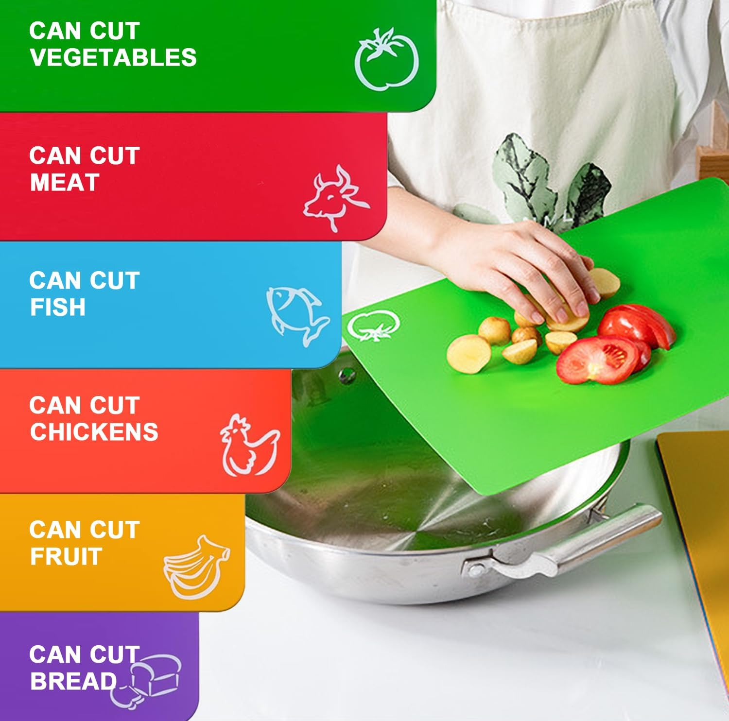 6Pc Cutting Board Set with Food Icons, Large 38X30Cm Plastic Easy-Grip Handles Chopping Mats, Color-Coded for Meat/Fish/Vegetables, Dishwasher Safe image number 5