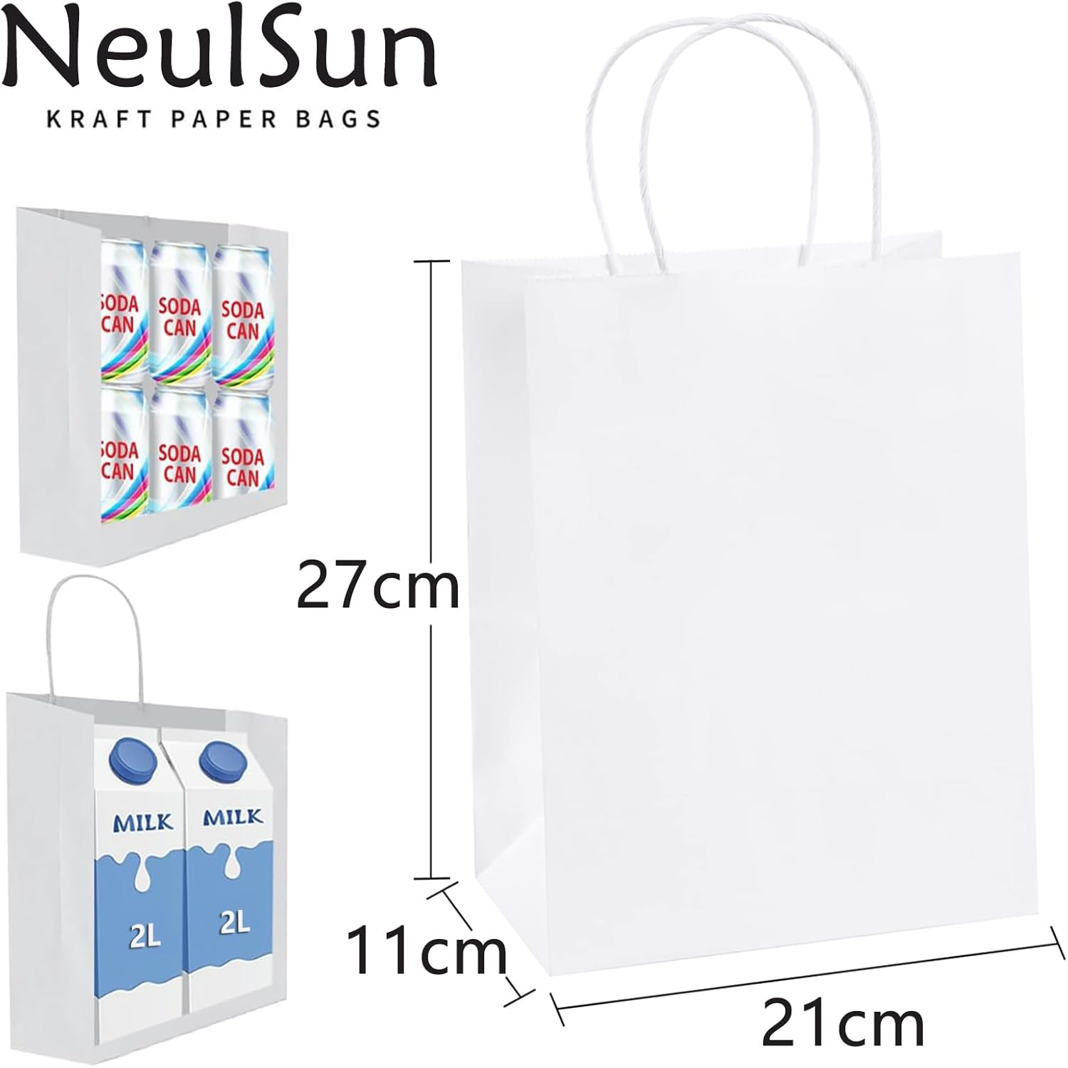 Neulsun 100Pack White Paper Bags 21X11X27 Cm, Plain Medium Paper Bags with Handles Bulk, Kraft Paper Gift, Retail, Party, Shopping Bag, Favor Bag image number 1