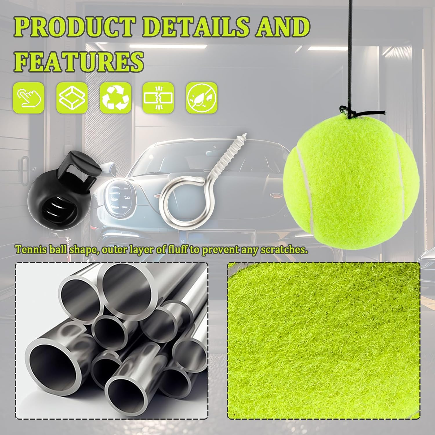 Figpade 2PCS Tennis Ball Garage Parking Aid,Garage Tennis Ball Parking Aid with Adjustable Height Lanyard for Guided Parking,Kit with 2 Tennis Garage Car Stopper,2 Screw Hooks,2 Spring Clips image number 5