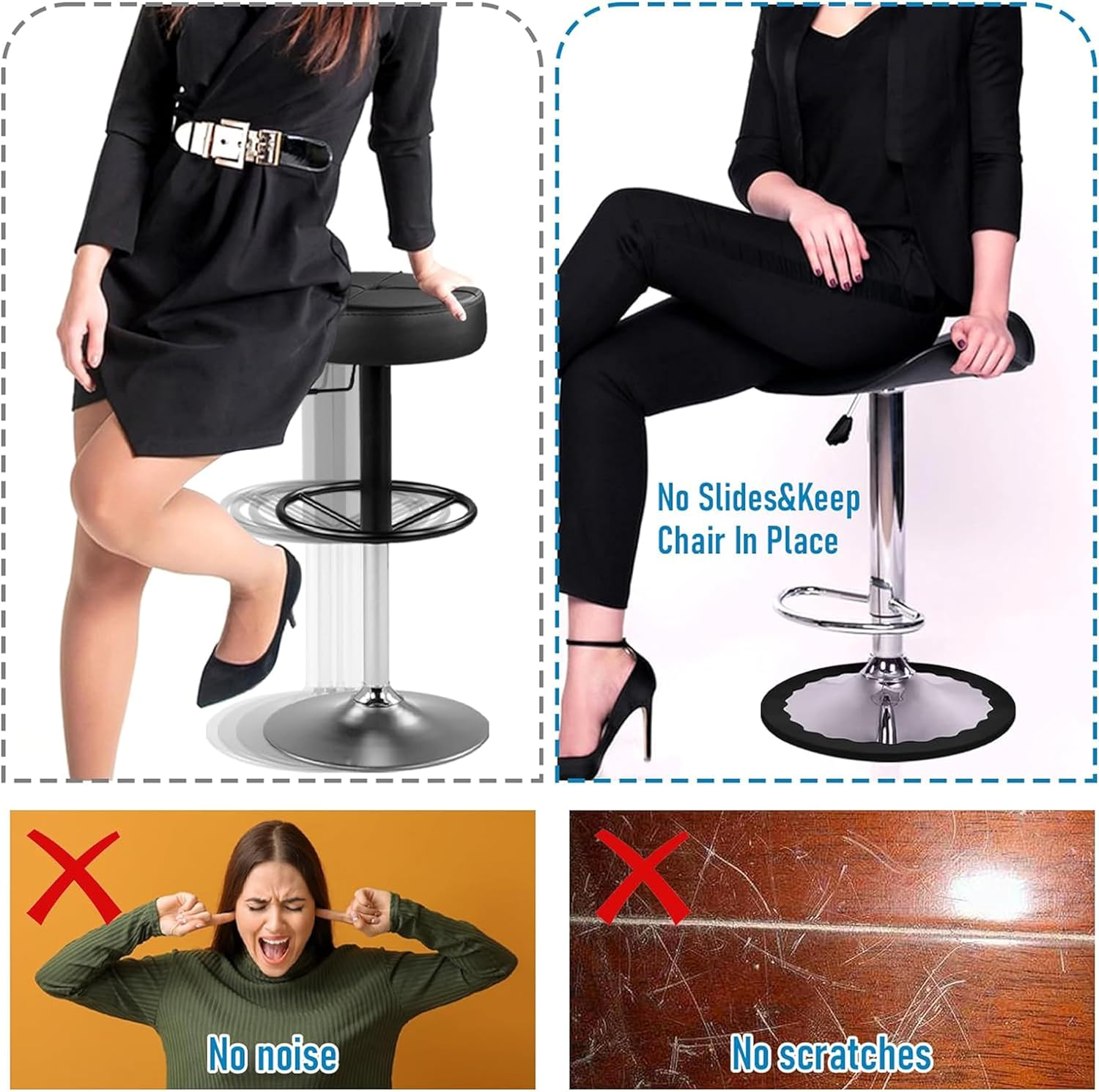 2 Pack Bar Stools Leg Protectors Ring,Chair Footrest Bottom Pads for Wooden Floor,Non Slip Silicone Chair Leg Floor Protector,No Scratches No Noise,Stretchable Fits 14.5" to 16.5" Chair Base(Black) image number 3