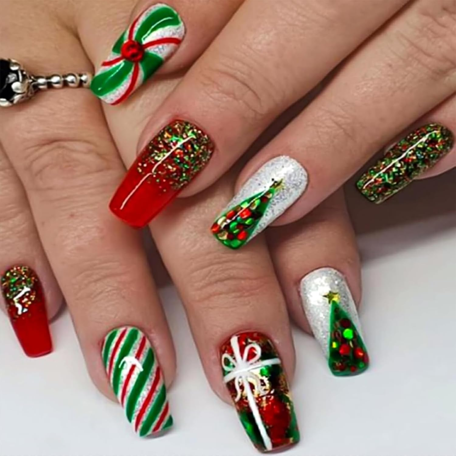 Itadaku 24 Pcs Christmas Press on Nails, Medium Length Acrylic Red Green Stripe and Tree, French Square False Nail with Glue image number 3