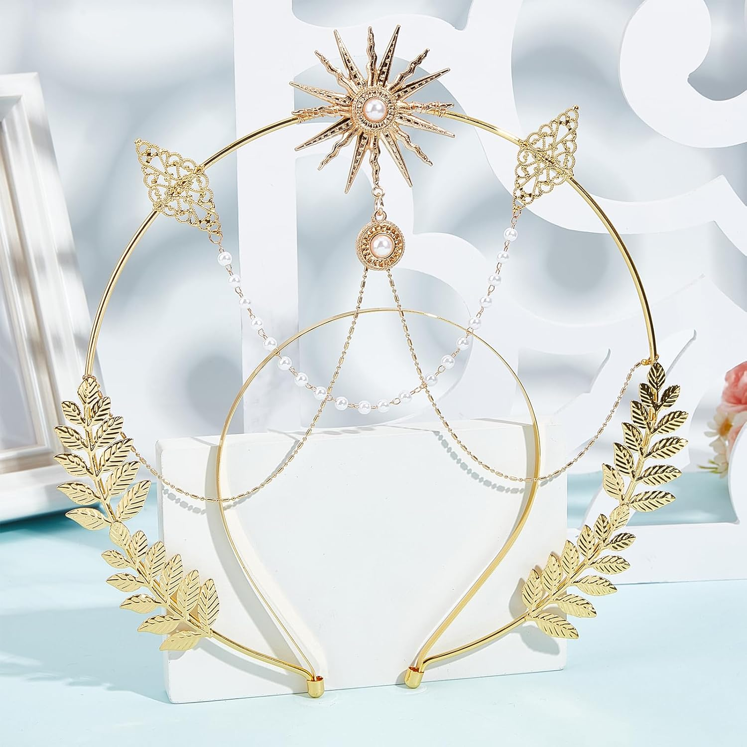 NICENEEDED Halo Crown Headpiece, Gothic Sun Goddess Headband, Gold Leaf Mary Halo Crown Headdresses Costume Cosplay Party Palace Queen Headwear Angel Tiaras for Women Halloween image number 3