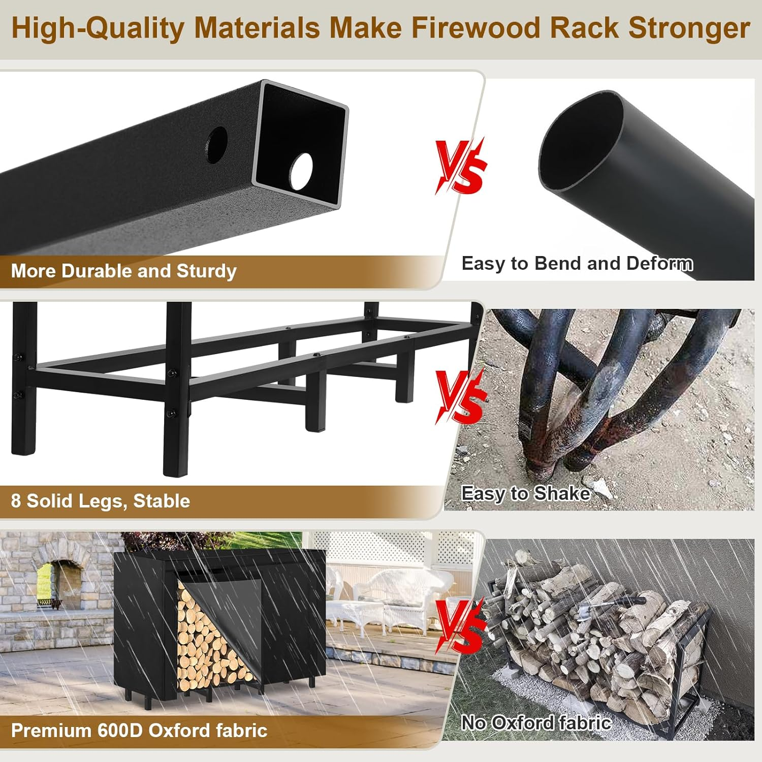 4FT Outdoor Firewood Rack, Wood Storage with 600D Waterproof Oxford Cover Heavy Duty 8 Legs Firewood Log Holder Indoor with Log Carrier, Gloves, and Kindling Hooks for Fireplace Patio Deck Wood Rack image number 6