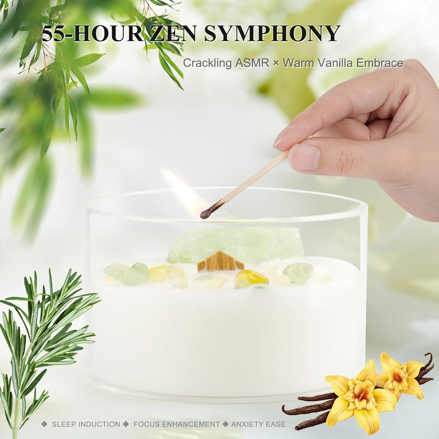 Vanilla Scented Candle with Real Healing Crystals & Wood Wick, 55-Hour Soy Wax Candle for Aromatherapy, Women, Mum, Birthday Gifts, Home Decor image number 4