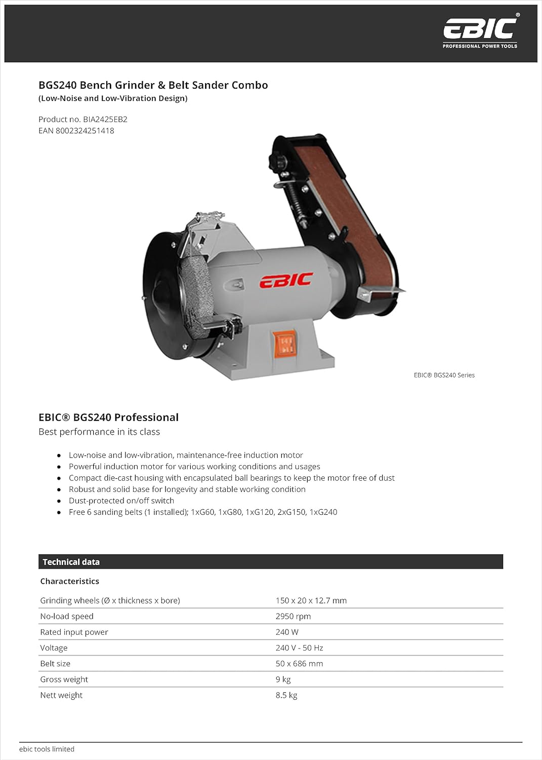 Boswell EBIC Bench Grinder & Belt Sander Combo, Linisher Polisher Polishing Wheel image number 2