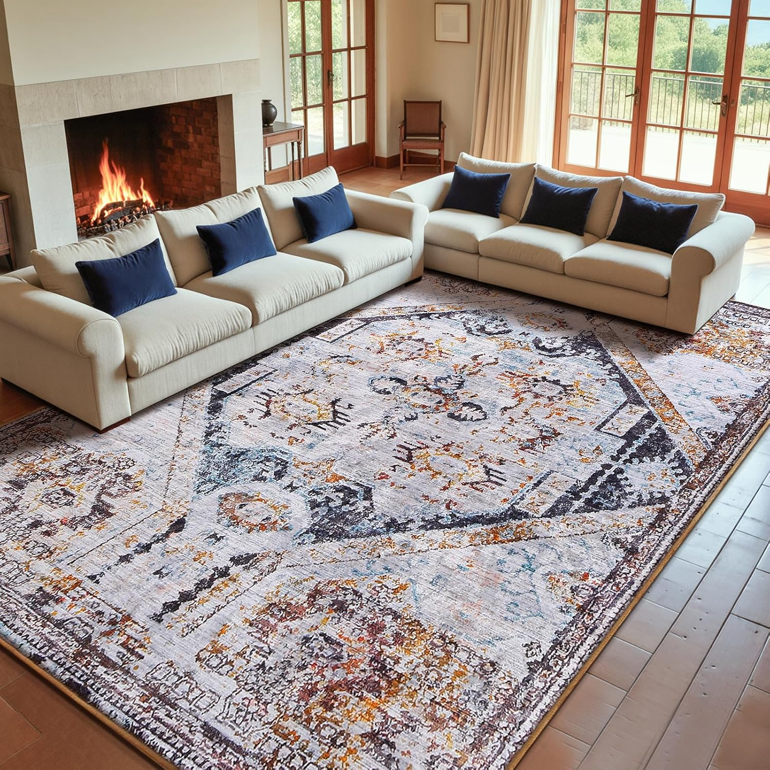 Calore Vintage Area Rug Living Room Rug, Non-Slip Soft Short Pile Carpet for Easy Clean, Chic Traditional Rug for Living Room Bedroom Dining Room (Retro Beige, 160 X 200Cm)