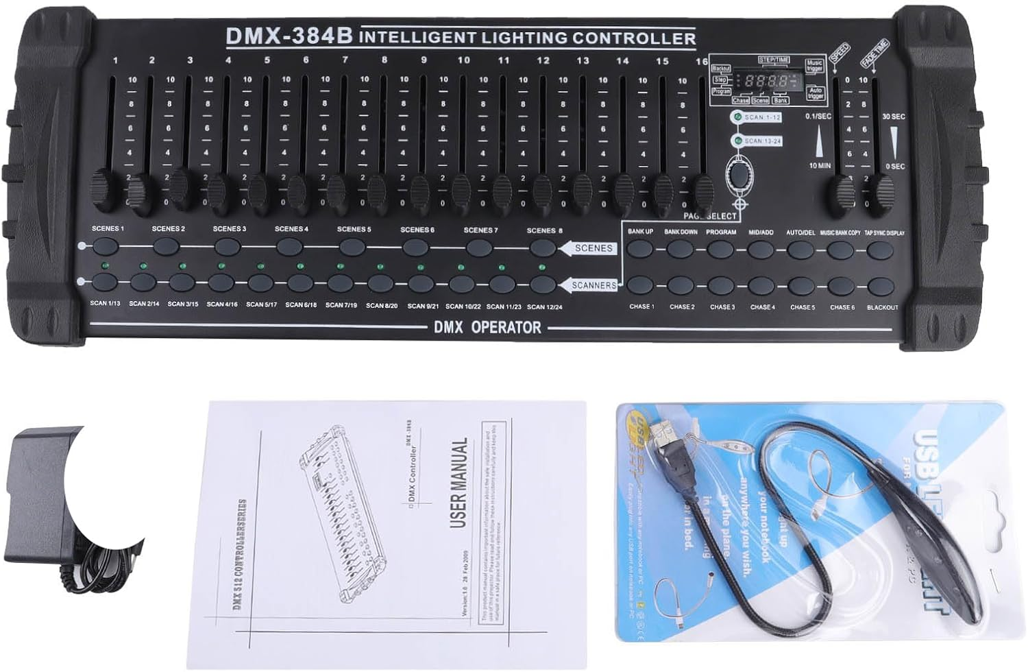 DMX 384 A/B Console, DMX-512 DJ Controller - Control of 24 Devices with 16 DMX Channels, LED Digital Display, Programmable, Built-In Amplifier, for Professional Dj,Bar, Stage Club,Black image number 6