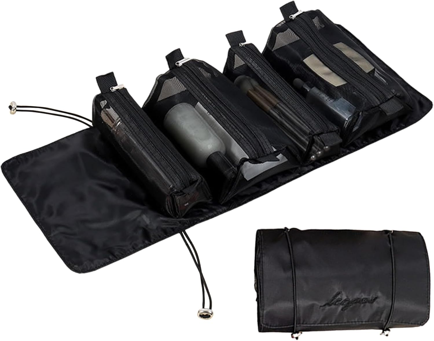 Roll up Cosmetic Bag - 53X22X5Cm Black Compact Travel Organizer Case, Cosmetic Storage, Foldable Toiletry Pouch, Portable Vanity Kit | Make up for Women Travel Holiday Use Quo, Black, Se R&eacute;f&eacute;rer Au - Black image number 3