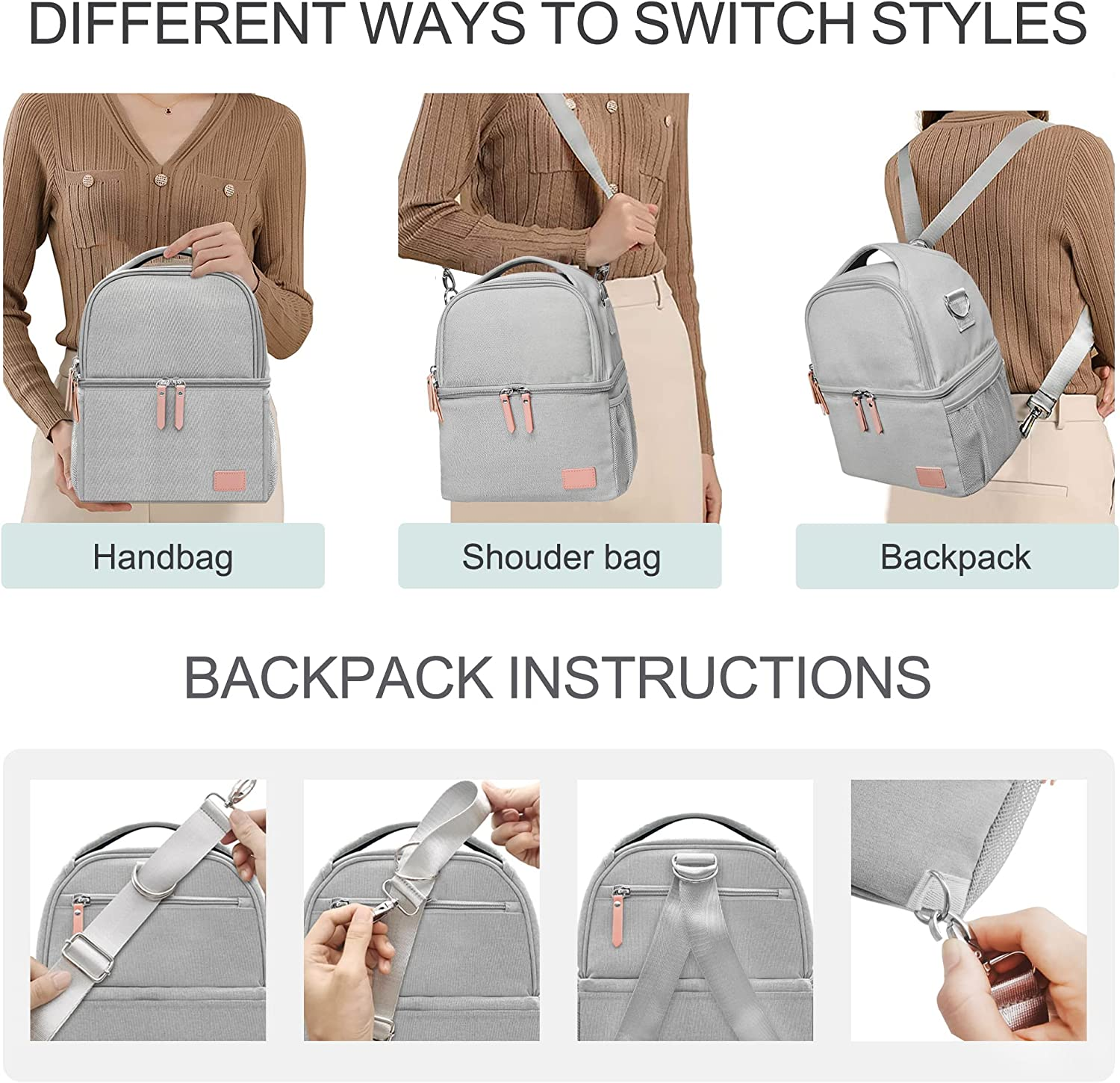 Breast Pump Bag for Hands-Free Wearable Breast Pumps、Bottles,Pump Parts, and Storage Bag，Adjustable Shoulder Strap,（Can Accommodate 2 Breast Pumps+6 180Ml Baby Bottles） Including 2Pcs Ice Grid(Grey) image number 6