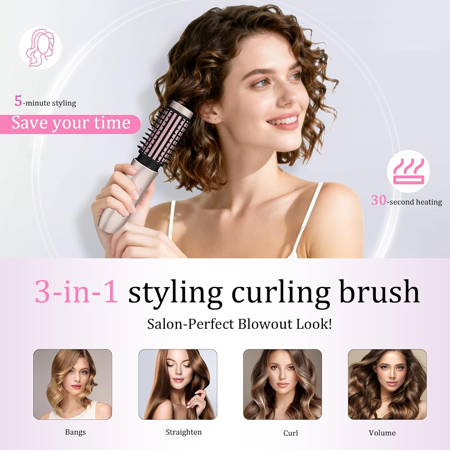 Cordless Hair Curling Iron Brush, Travel Curl Brush, 3-In-1 Portable Curling Iron Cordless, Plasma Thermal Hair Brush, 7000Mah USB Rechargeable Curlings Wand, Mini Hot Curlings Brush-Blush Pink - Blush Pink image number 6