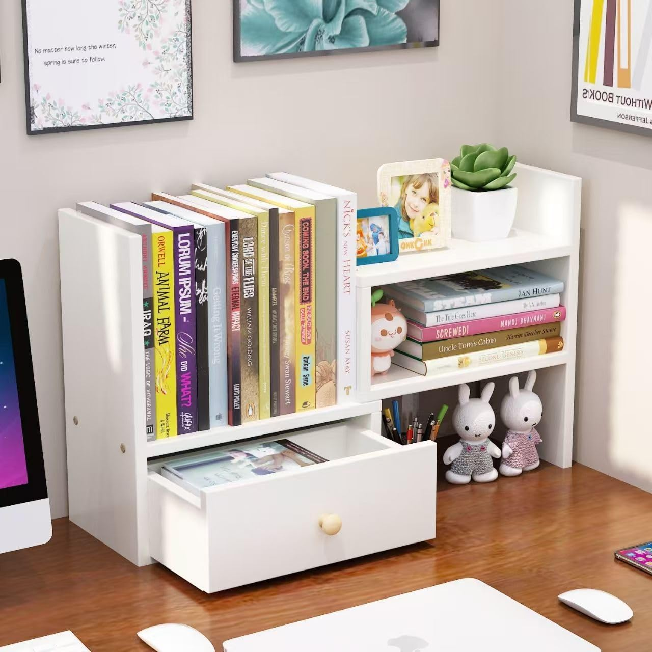 Hbluefat Desktop Organizer Rack with Drawer, Small Adjustable Wood Tabletop Bookshelf/Bookcase, Multipurpose Desk Display Storage Shelf for Home Office (White)