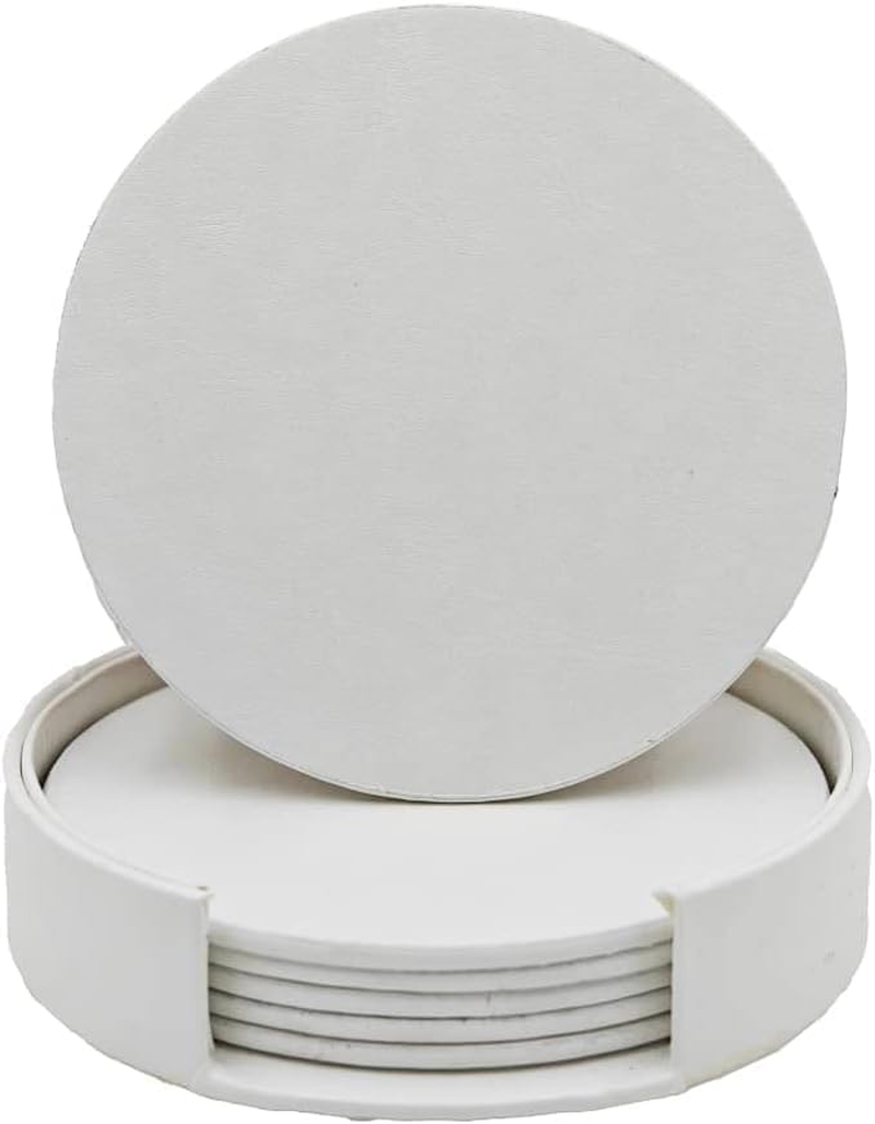 Vmila Leather Coasters for Drinks, 4" Drink Coasters Set of 6 with Holder for Tabletop Protection, Handmade Luxurious Home D&eacute;cor and Housewarming Gift (White Gold Marble Coaster)