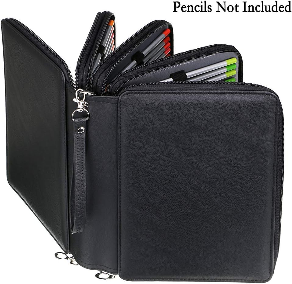 200 Slots Colored Pencil Organizer - Deluxe PU Leather Pencil Case Holder with Removal Handle Strap Pencil Box Large for Colored Pencils Watercolor Pencils (Slots Black) - Black Flamingo image number 7