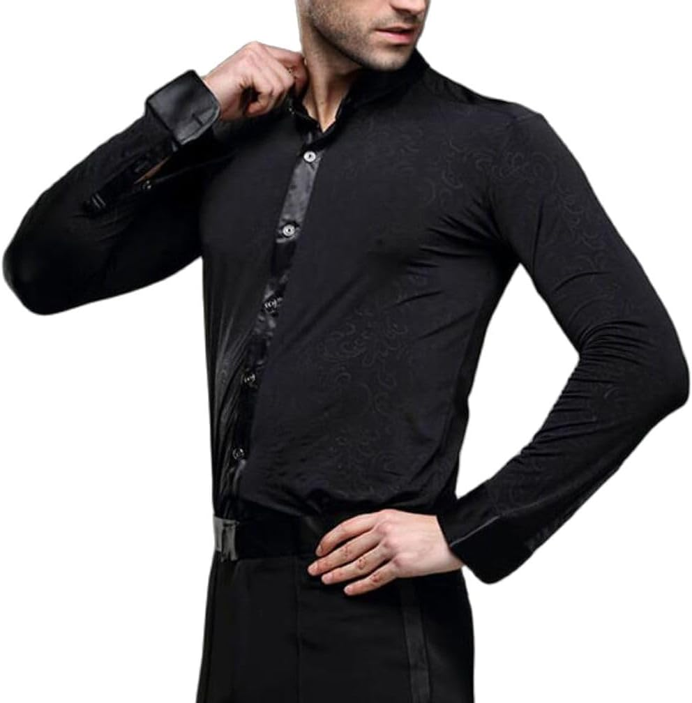 Men Professional Black Noble Dark Stripe Long Sleeves Latin Salsa Samba Chacha Modern Dance Shirts image number 1