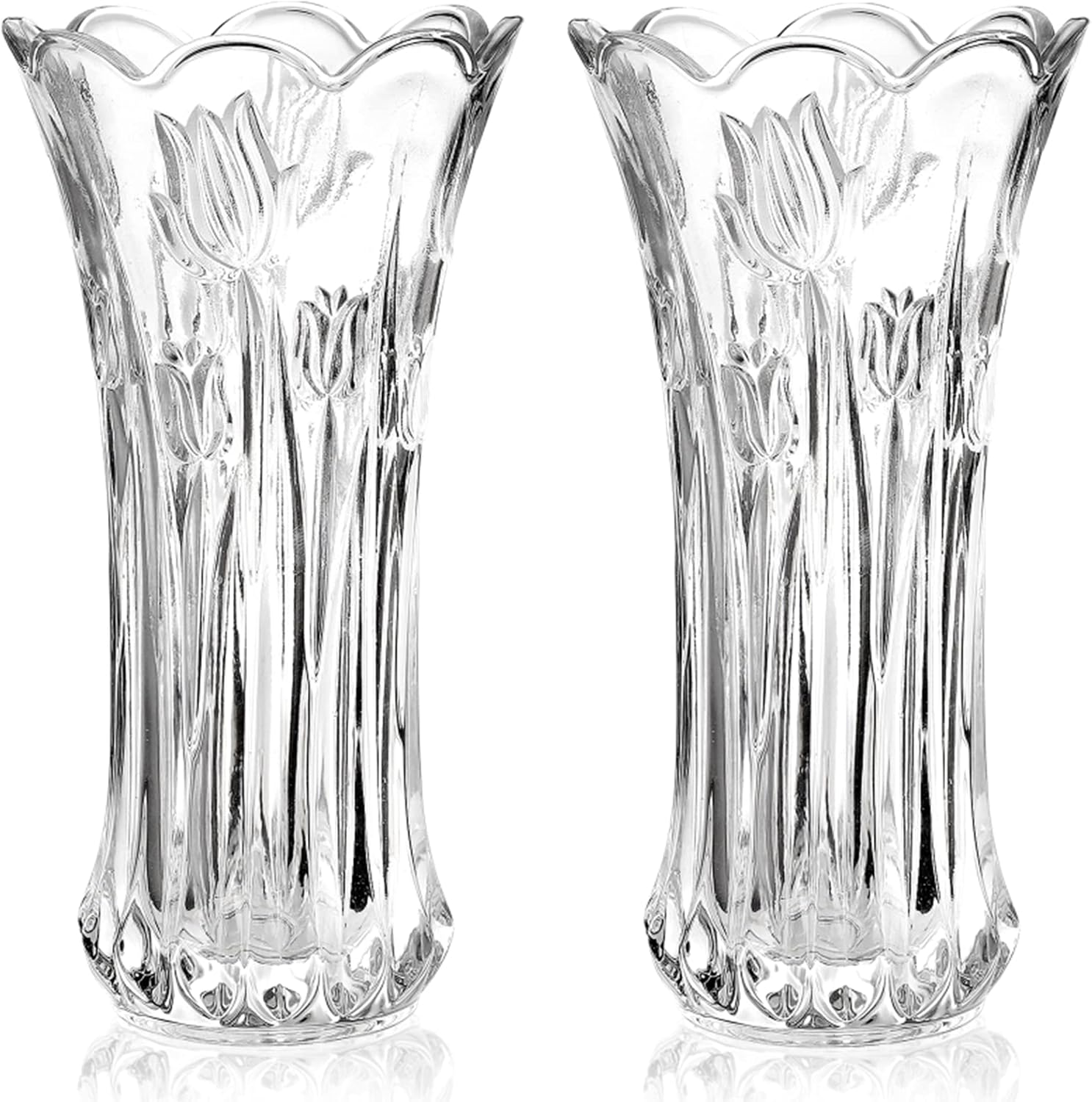 Dicunoy Set of 2 Glass Flower Vase, 9.5" Large Flower Vases for Centerpieces, Modern Clear Heavy Duty Crystal Tall Cylinder Flared Vase for Rose Bouquet, Home, Wedding, Living Room, Office image number 1