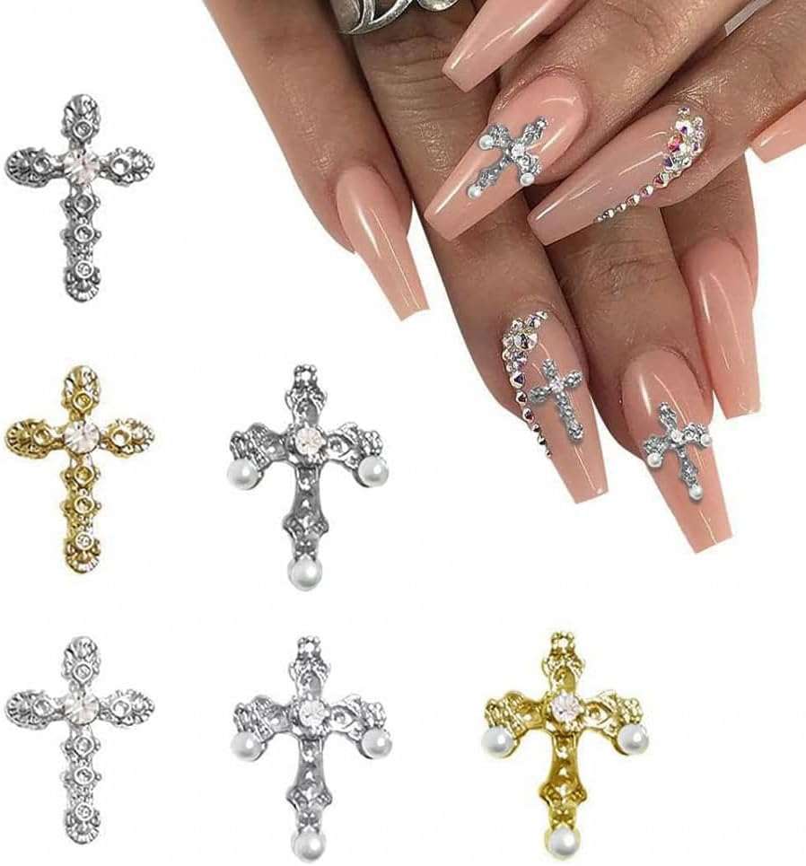 Pearl Cross Nail Charms - Silver Cross Nail Charms - Y2K Nail Cross Art Whit Pearl, 3D Metal Nail Cross Charms for DIY Designs Supplies image number 4