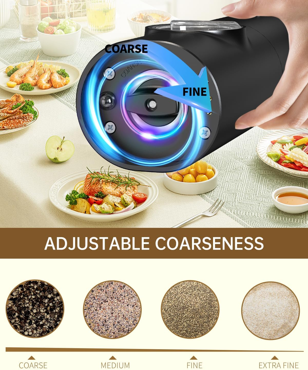 CIRCLE JOY Electric Salt and Pepper Grinder Set Battery Operated Spice Mills with Storage Base, White LED Light and Adjustable Coarseness, Black image number 1