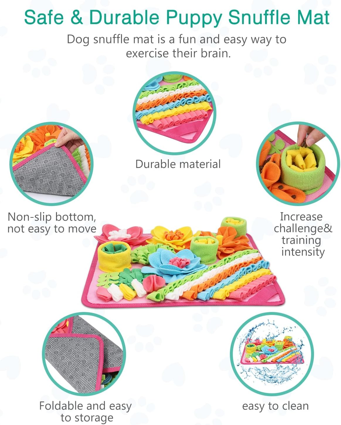 ORIA Snuffle Mat for Dogs, Sniff Mat Slow Feeding Mat for Pets, Interactive Feed Puzzle Pet Toys for Smell Training, Foraging Skills and Stress Relief, for Small Dogs Cats, 15X15 Inch - Pink image number 5