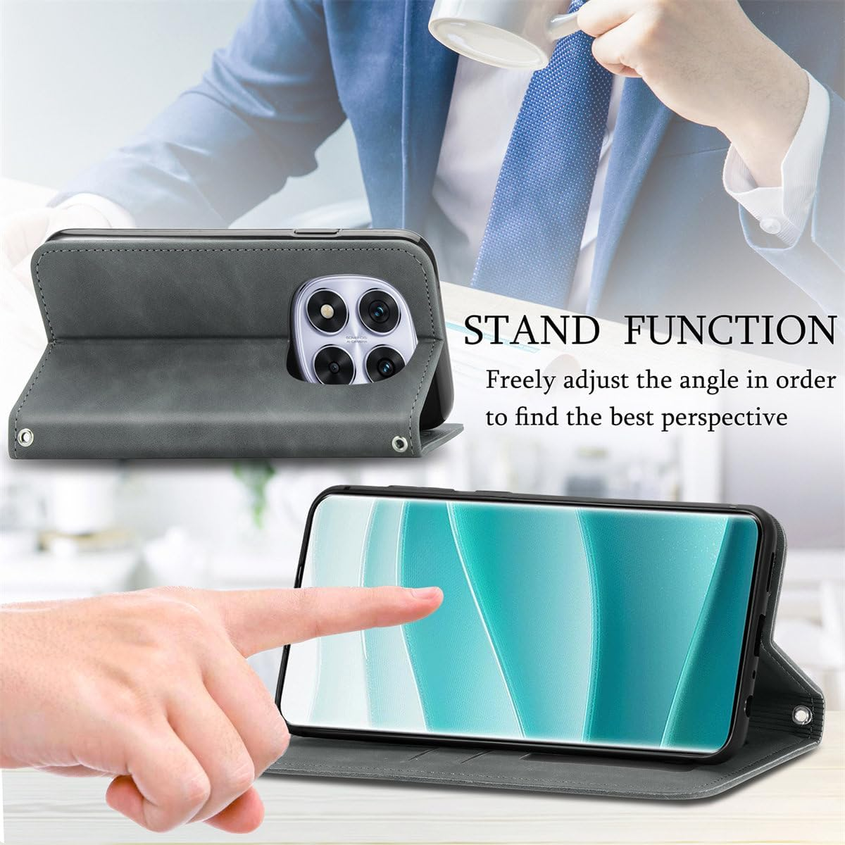 MOJIA Case for Xiaomi Redmi Note 14 Pro 5G / Poco X7 5G, PU Folio Leather Wallet Protective Case [Magnetic Closure], Mobile Phone Case with TPU Inner Shell, Card Holder Stand Case. Grey - Gray image number 5