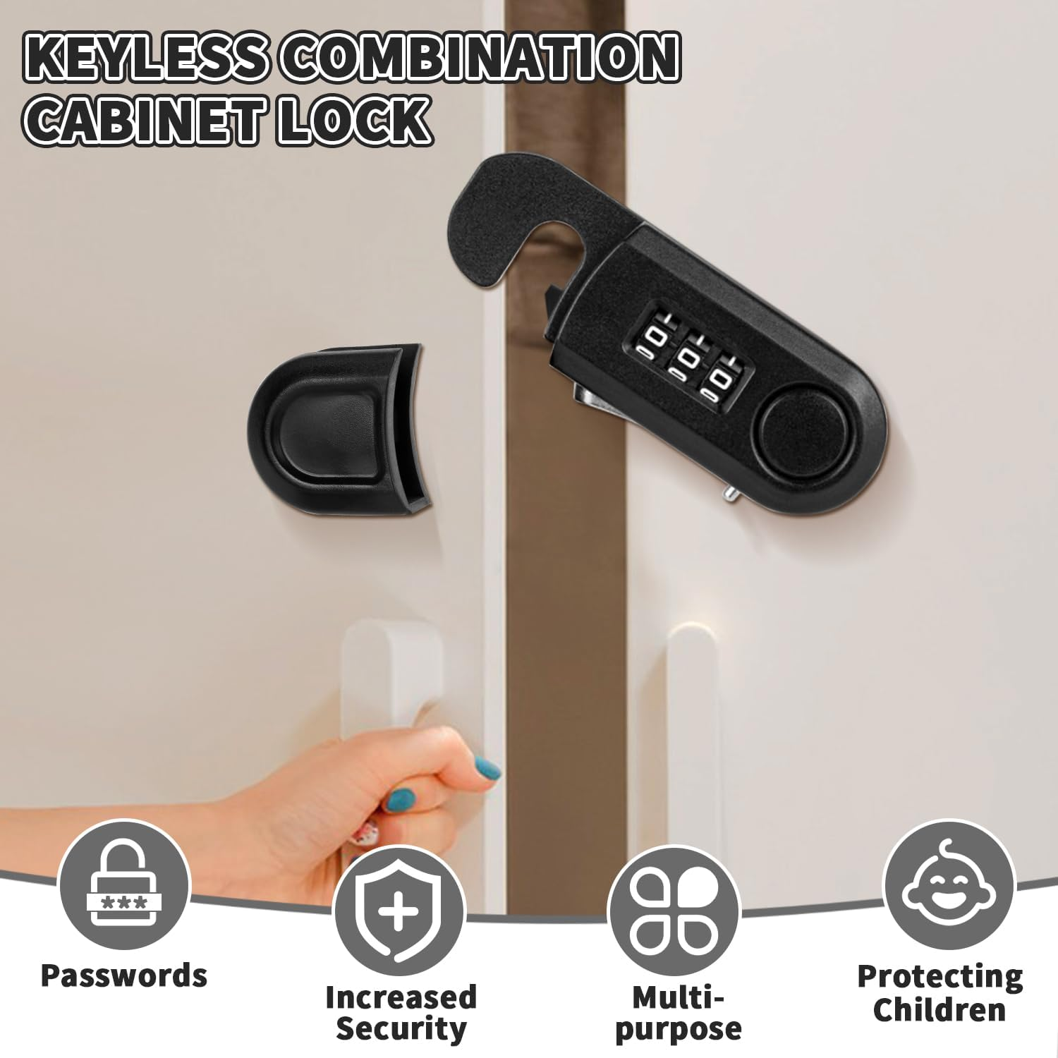 Cabinet Locks Baby Proofing 4 Pack Fridge Locks for Kids Child Proof Combination Freezer Door Lock for Knob Toddlers Kids Adults Safety Latches, No Tools or Drilling Need - Black image number 4