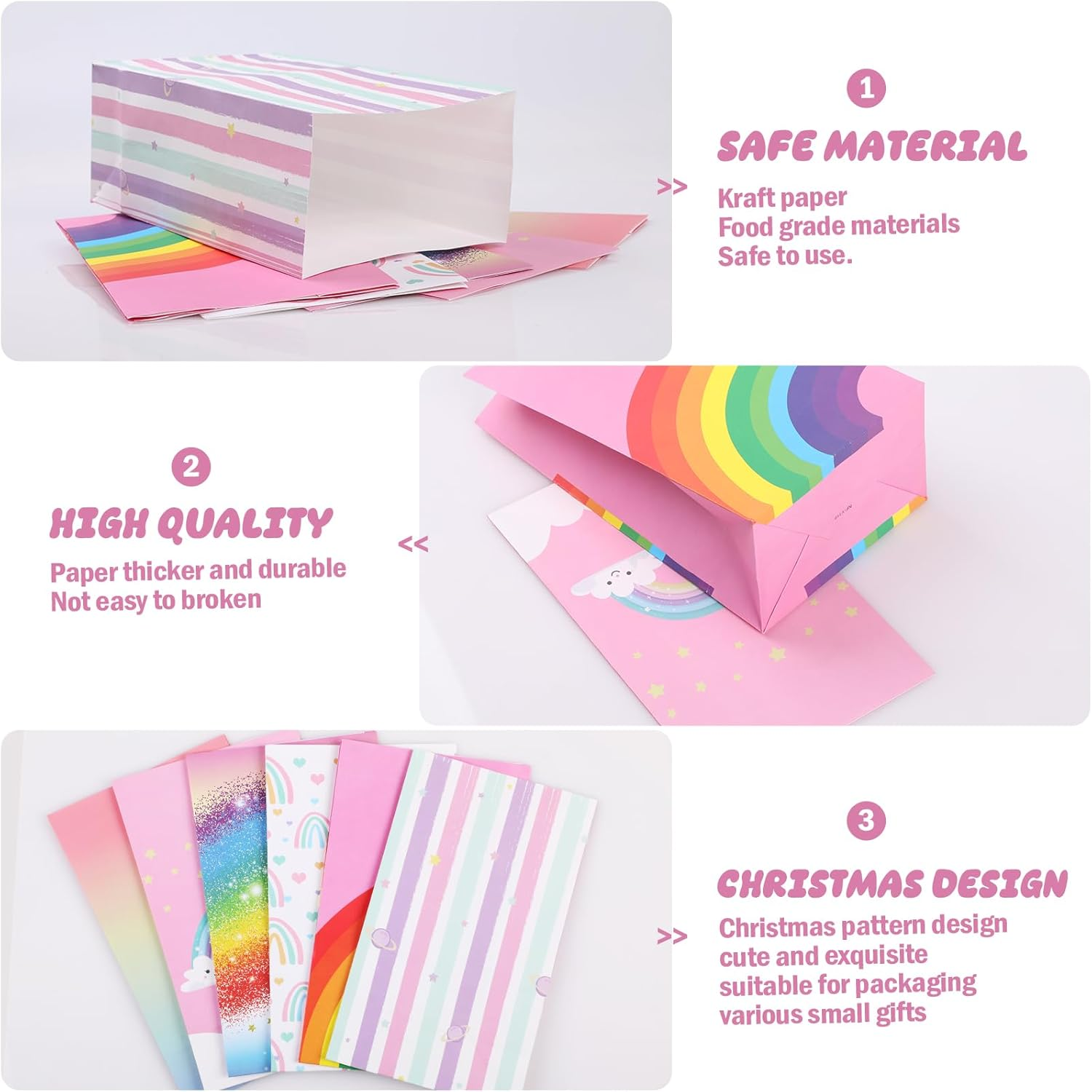 Secpeak Gift Paper Bags, 18 Pcs Small Birthday Gift Bags with 30 Stickers,Rainbow Paper Bags Goody Cookie Bags Bulks for Kids Girls Classroom Party, Wedding Holiday Party Favor - 22 X 13 X 8Cm image number 2