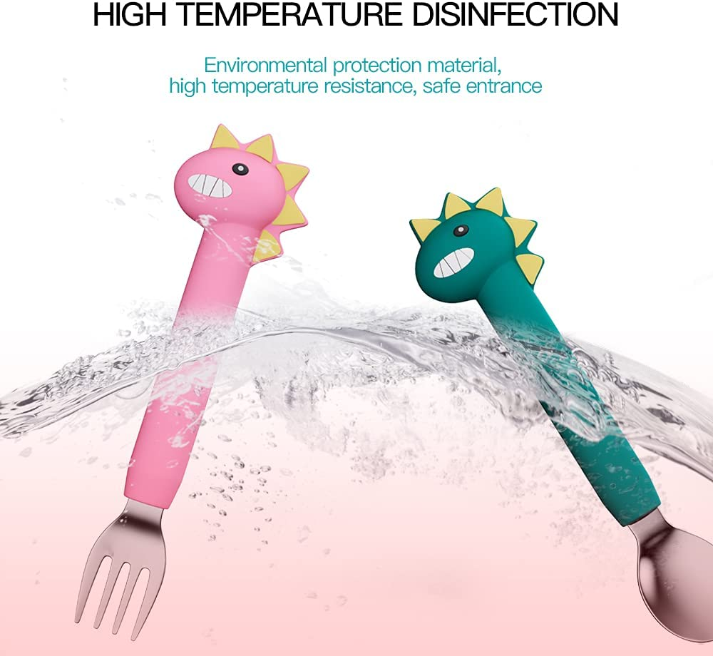 SFCCMM Baby Forks and Spoons Set Baby Training Utensils Self Feeding Toddler Silverware Silicone and Stainless Steel Kids and Toddler Utensil (Green Dinosaur - Long) - Pink Dinosaur - Long image number 5