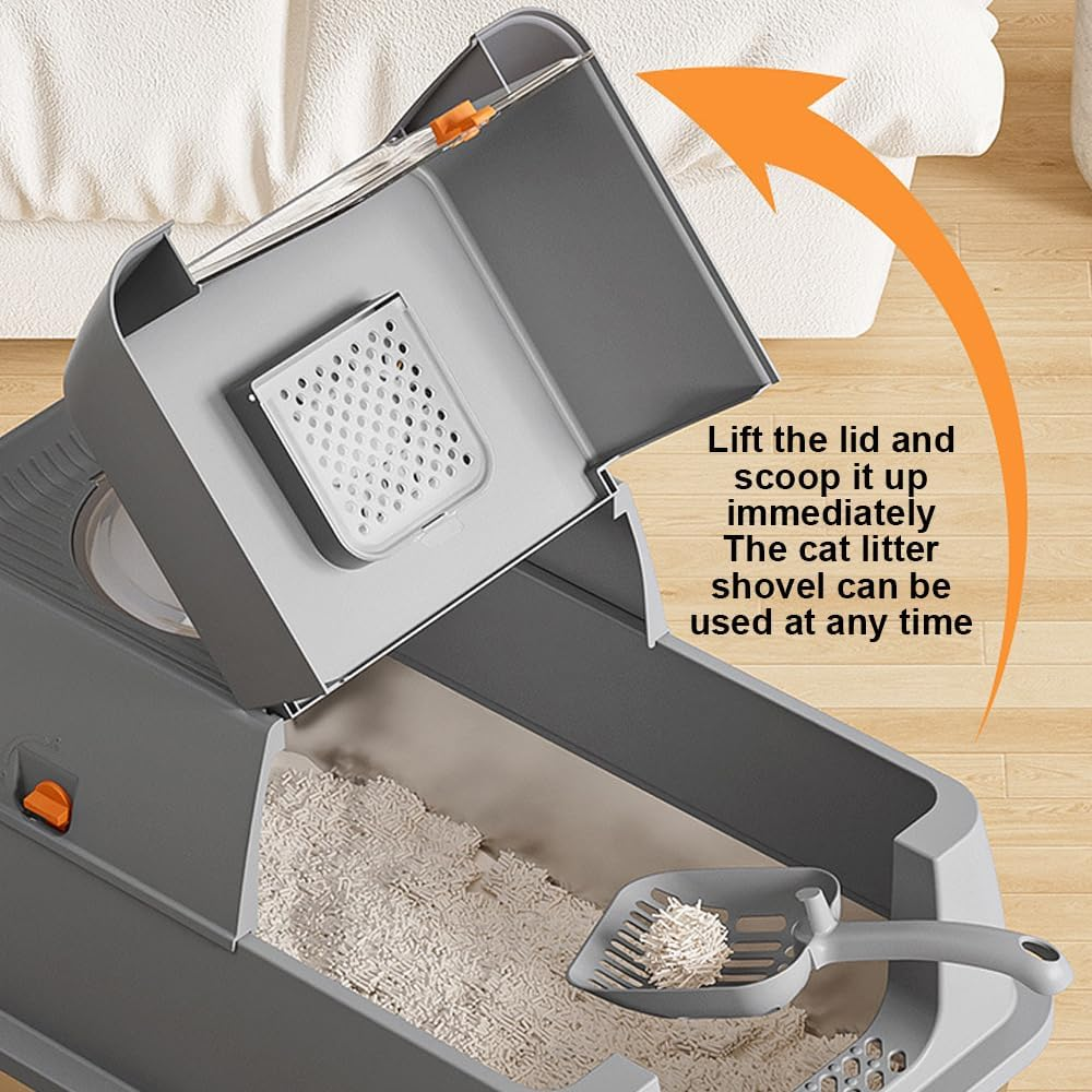 HPAMR Stainless Steel Cat Litter Box with Lid, Large Litter Box, Stainless Steel Cat Litter Box with High Side, Include Cat Mat and Scoop, Enclosed Removable Metal Litter Boxs image number 3