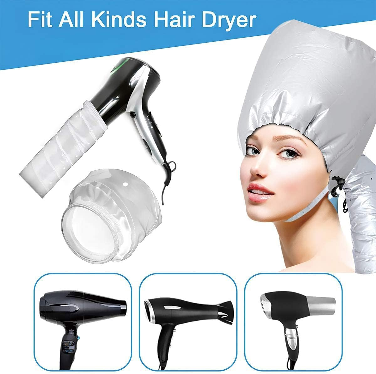 ZANZER Bonnet Hood Hair Dryer Attachment,Adjustable Portable Hooded Hair Dryer Bonnet Cap Hands Free for Hand Held Hair Dryer- Speeds up Drying Time at Home, Easy to Use for Styling,Deep Conditioning (Silver) image number 3