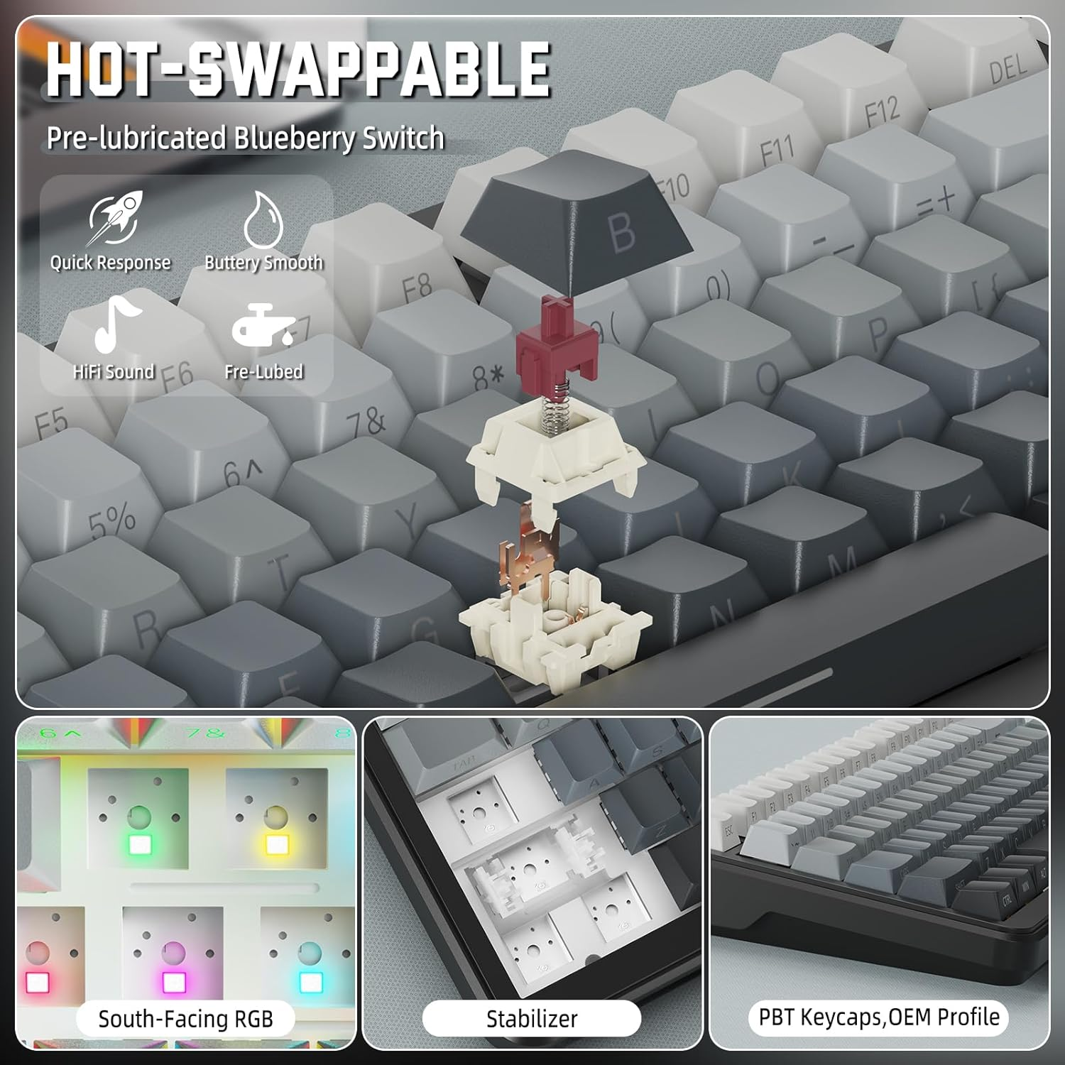 Lexonelec X ATTACK SHARK M86 Pro Wireless Mechanical Keyboard, Bt/2.4G/Wired, 4000Mah, Hot Replaceable Linear Switch, PBT Keys, QWERTY, RGB Keyboard with Spiral Cord. (Grey) - Blackberry image number 5