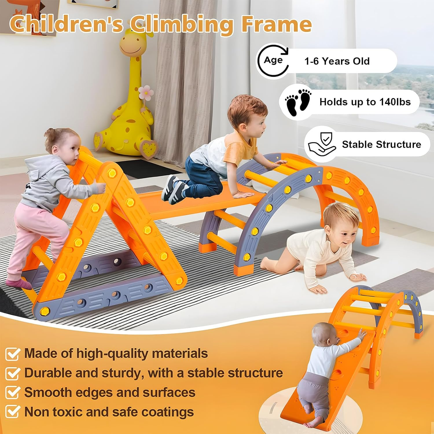 7In1 Pikler Triangle Climber Toys Set for Kids, Montessori Climbing Set with Arch & Ramp & Ladder, 3 Piece Removable Baby Jungle Climbing Gym Outdoor & Indoor Playground for Kids 1-3 image number 3