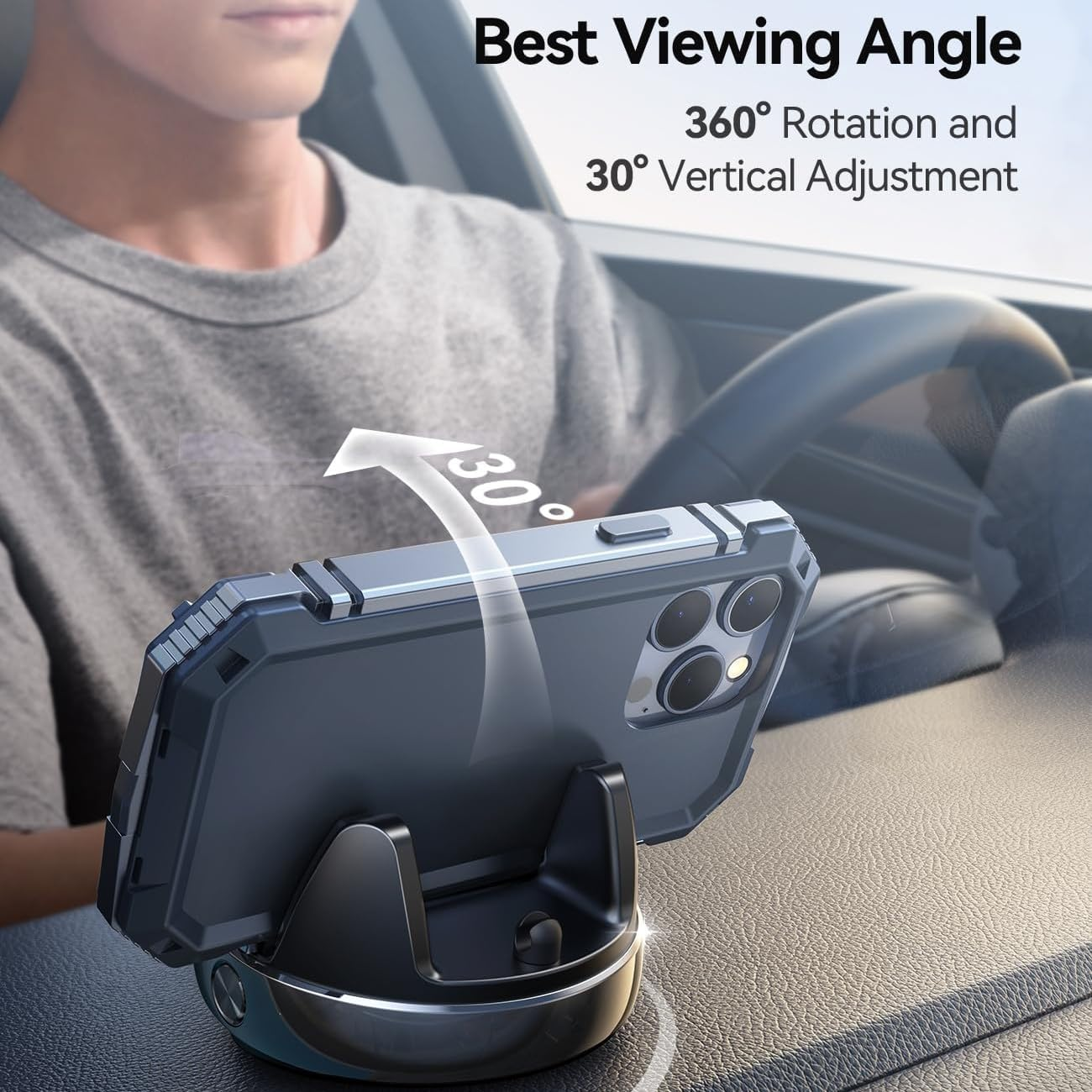 Car Phone Holder, 360&deg; Adjustable & Avoid Sun Glare Car Mount, Slip Free Spring Snap Design Dashboard Phone Holder, Phone Holders for Your Car Compatible with Smartphones, GPS Devices image number 1