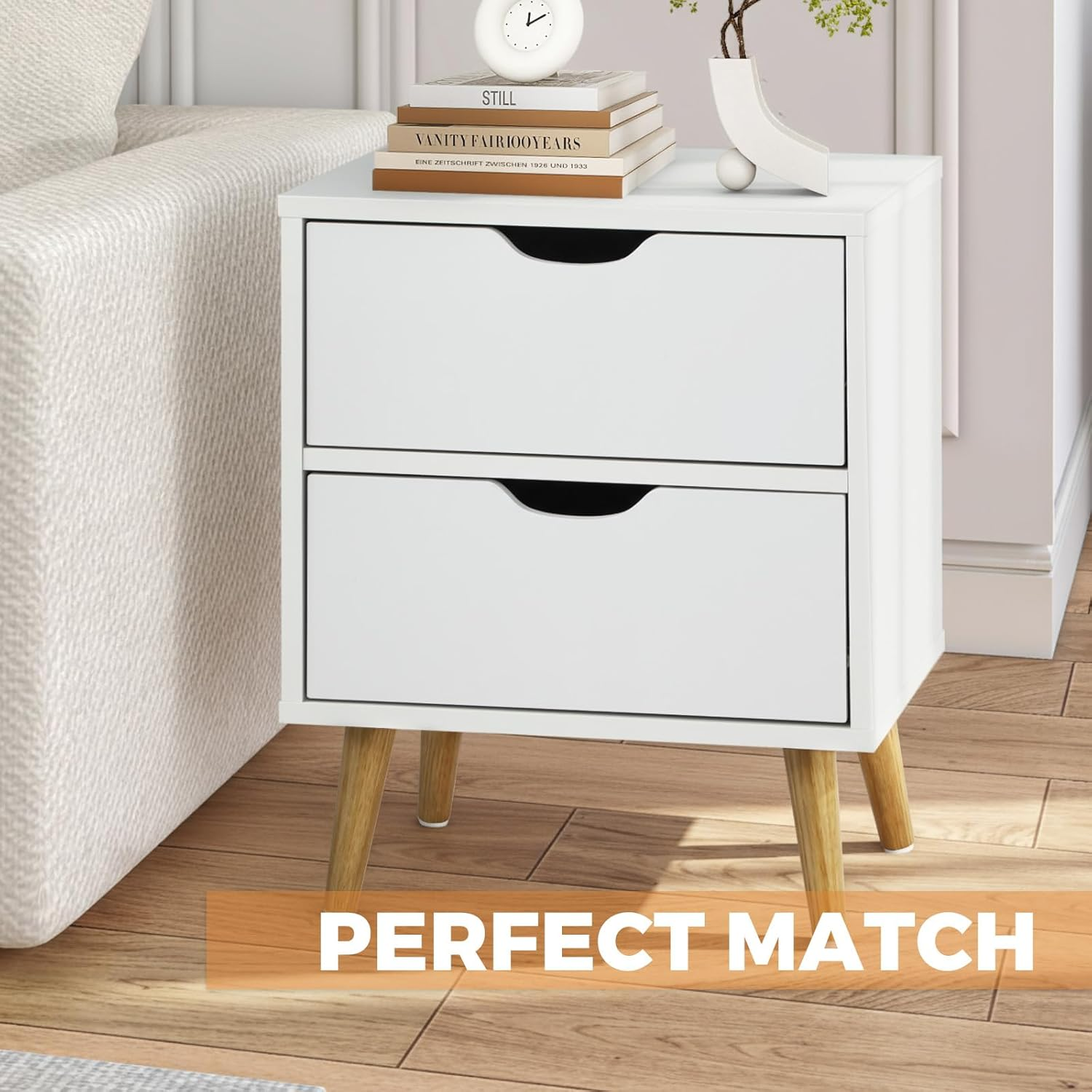 Oikiture Bedside Table with 2 Drawers, Wooden Side Table Nightstand Storage Cabinet White image number 5