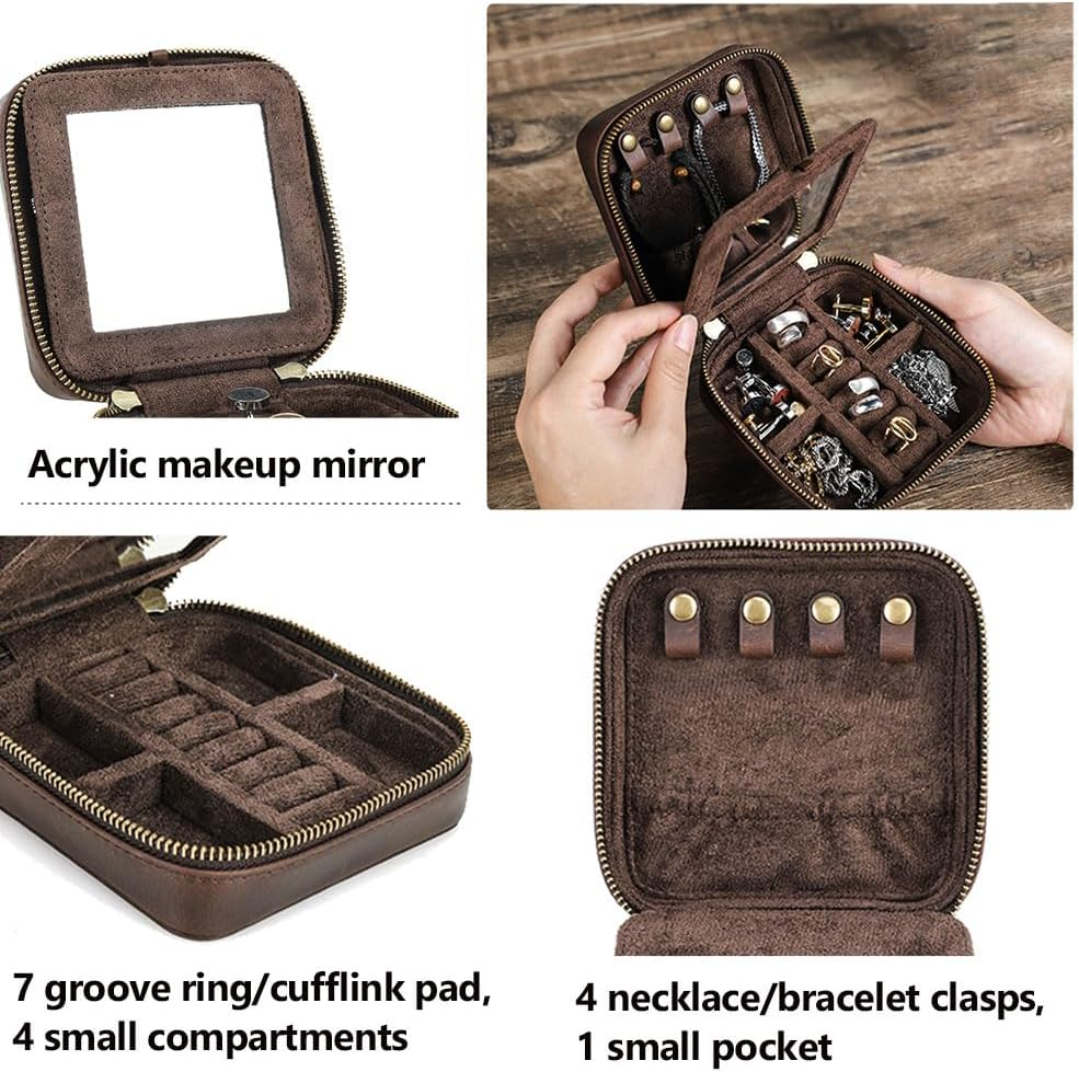 Contacts Genuine Leather Jewelry Box Travel Jewelry Storage Organizer for Men Portable Case for Cufflinks Ring Necklace Earrings with Mirror, Square+Mirror, Coffee image number 2