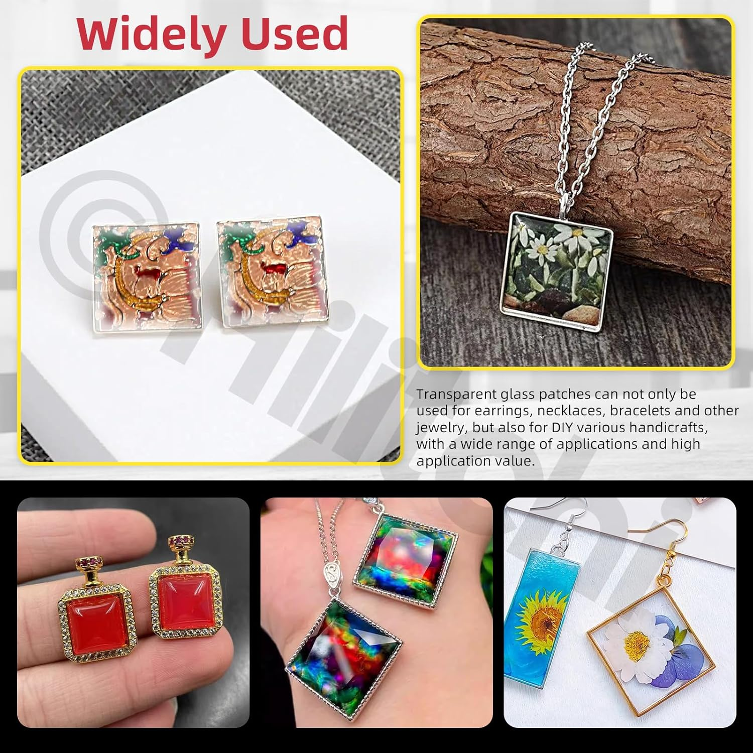 Hilitchi 110PCS 5 Sizes Square Shaped Glass Dome Tiles Assortment Kits 10MM 15MM 20MM 25MM 30MM Transparent Glass Dome Cabochons Flat Glass Bead Cabochon Tile for DIY Jewelry Photo Pendant Making image number 6