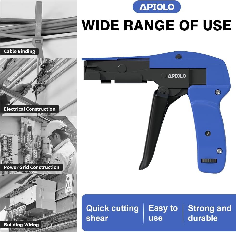 APIOLO Cable Tie Gun, Ergonomic Hand Operated Fastening Zip Tie Gun, Adjustable Tension, Blue, 6.29 Inches Length Fastening Cable Tie Tool