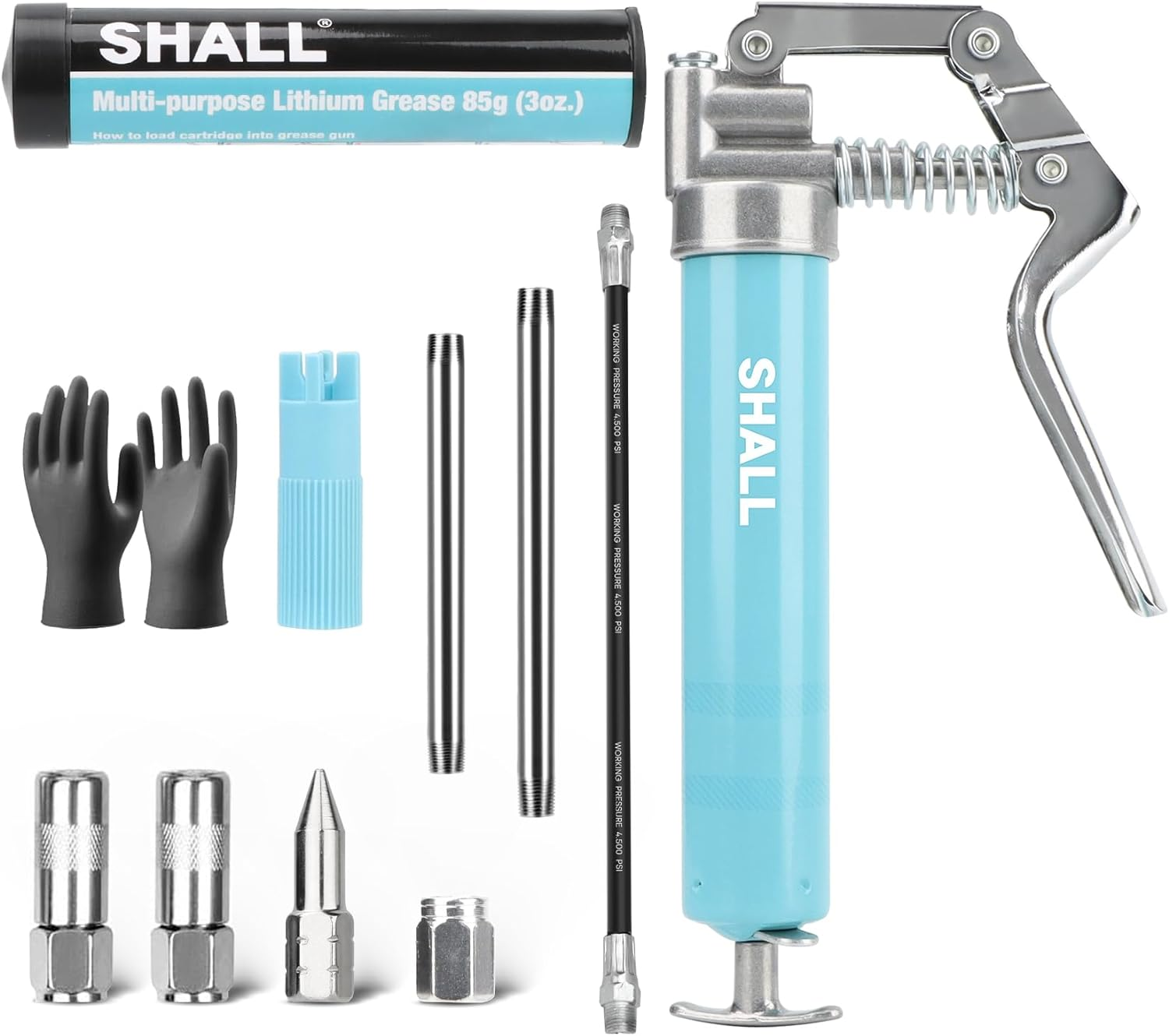 SHALL Mini Grease Gun, Small Grease Gun Kit (3.52OZ Capacity, 3000PSI) with 2PCS 4-Jaw Couplers, Sharp Nozzle, Extension Adapter, 3OZ Cartridge Grease, Reinforced PVC Glove & Zerk Fitting Cleaner image number 6