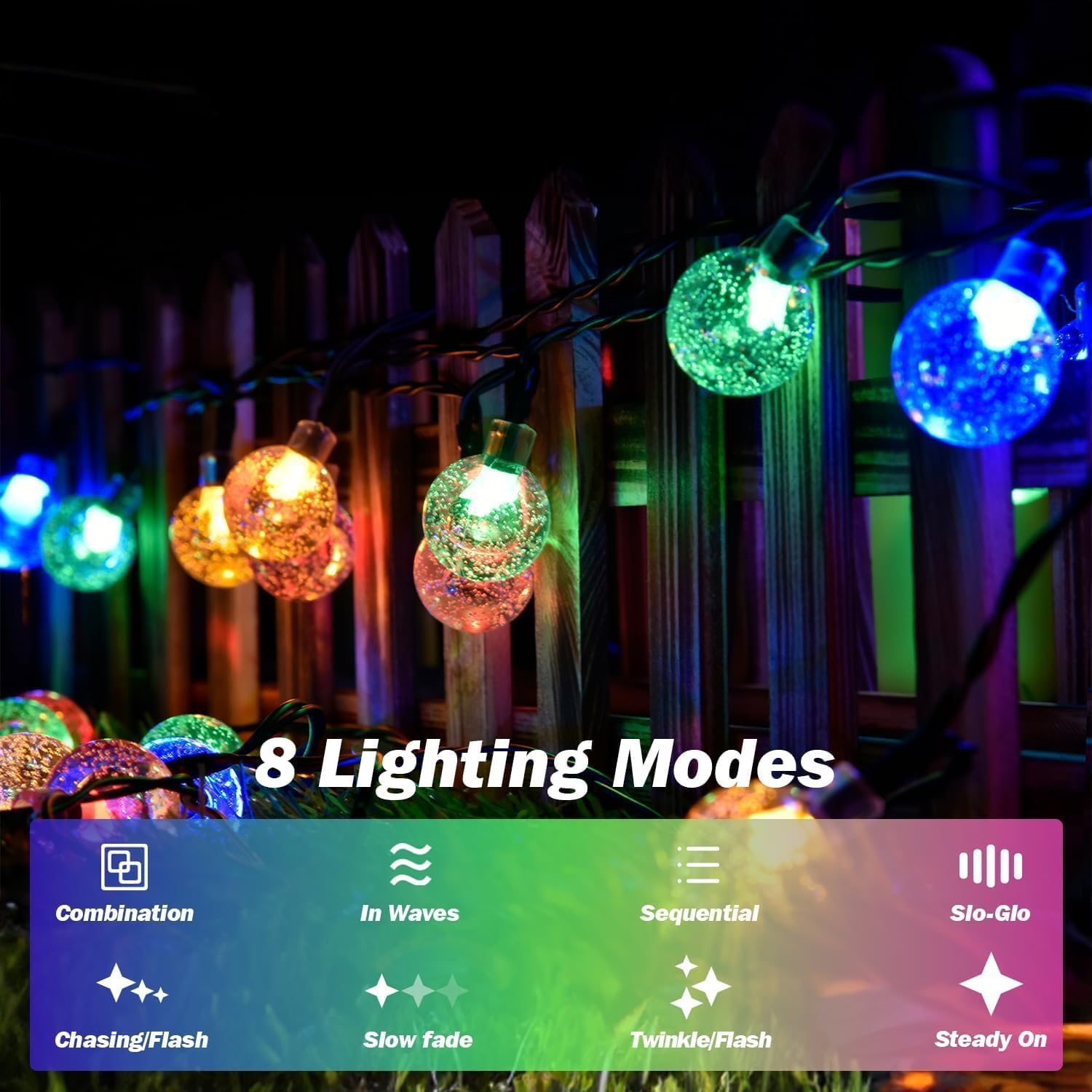 Suyoo Solar String Lights for Outside,12M 100 LED Crystal Globe Lights, Solar String Lights Outdoor Waterproof for Garden Tree Christmas Decorations (Multi-Color) image number 6