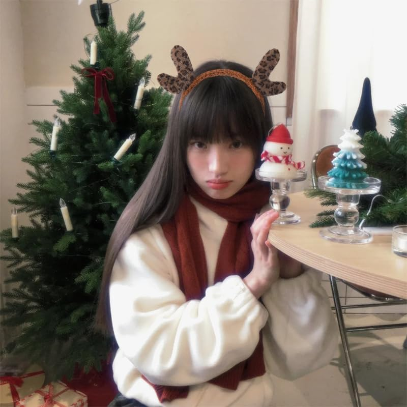 Plush Christmas Deer Antlers Headband Christmas Holiday Head Hair Accessories for Girls Women Soft Reindeer Antlers Headband Hairband Leopard Deer Ears Headband Deer Antlers Costume Headwear Headband image number 4