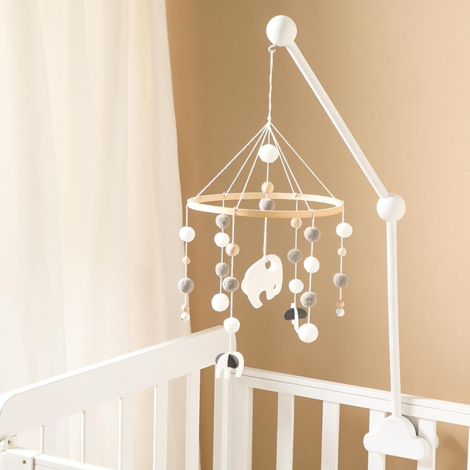 Baby Crib Mobile Arm,27Inch Wooden Cot Crib Mobile Holder,Adjustable Angle and Height,Baby Mobile Hanger for Home Baby Bed Bell Wind Chimes Cloud Design (White) - Wood Color image number 4