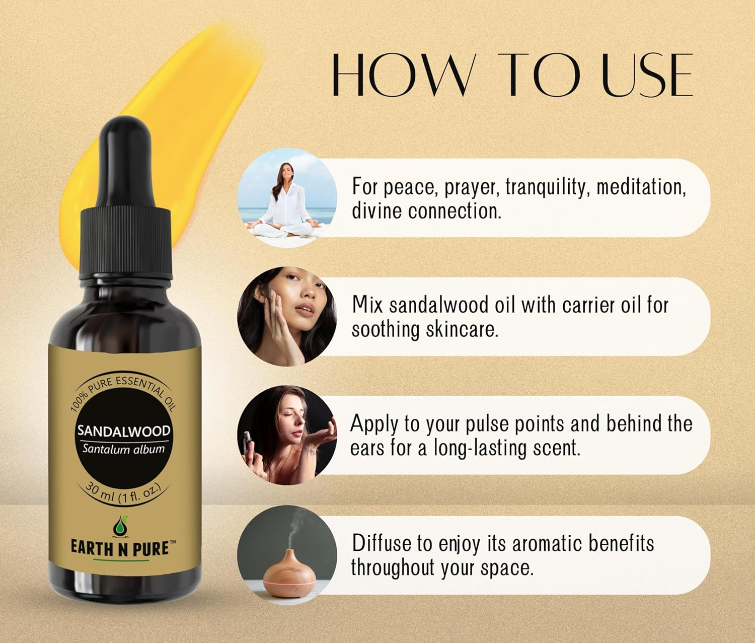 Earth N Pure Sandalwood Essential Oil (Chandan Oil) | 30 Ml | 100% Pure, Undiluted, Natural & Therapeutic Grade-Bright, Clean, Flawless Skin, Ideal for Diffusers image number 3