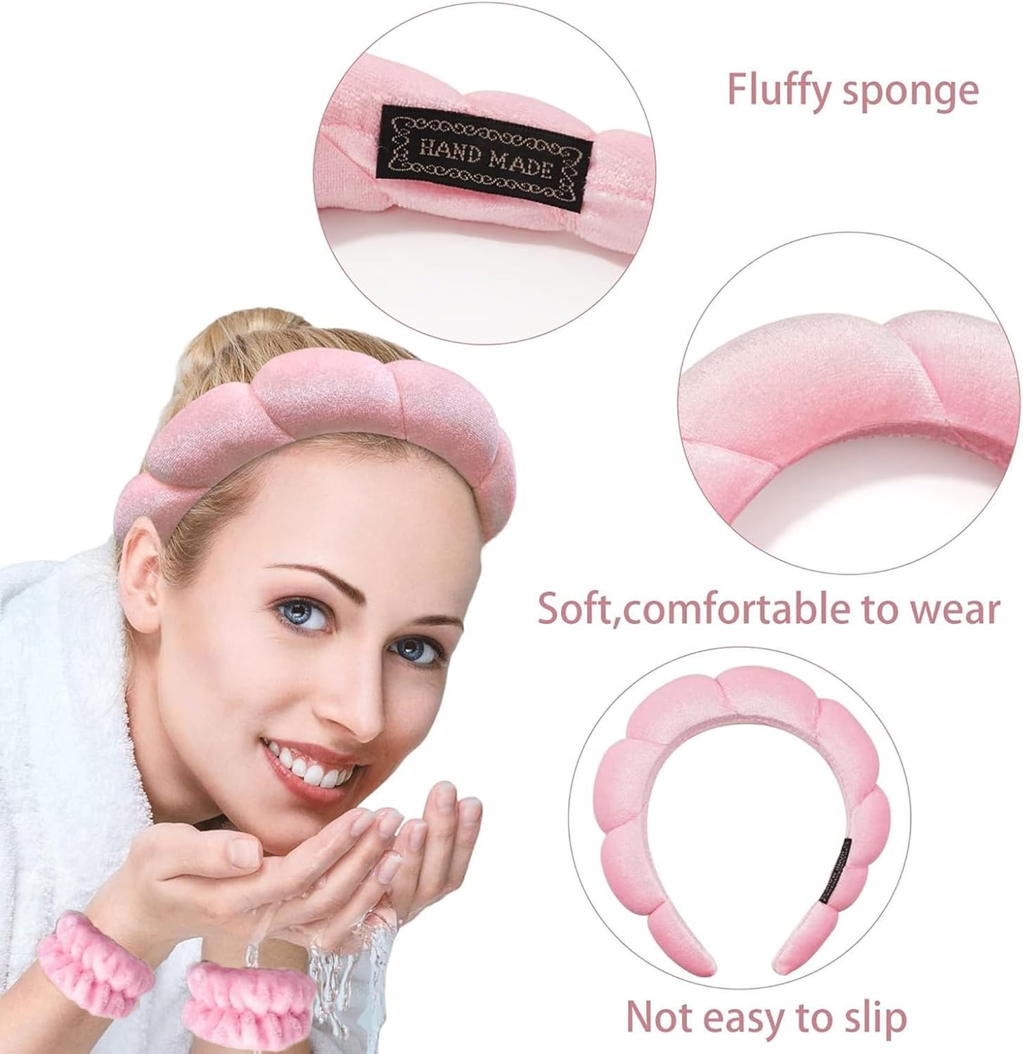 JOOTUEPO 3 Pieces Spa Headband for Washing Face, Elastic Hairbands Face Washing Wristband, Sponge Puffy Makeup Headbands for Women Girls Shower/Sports/Yoga (Pink) image number 4
