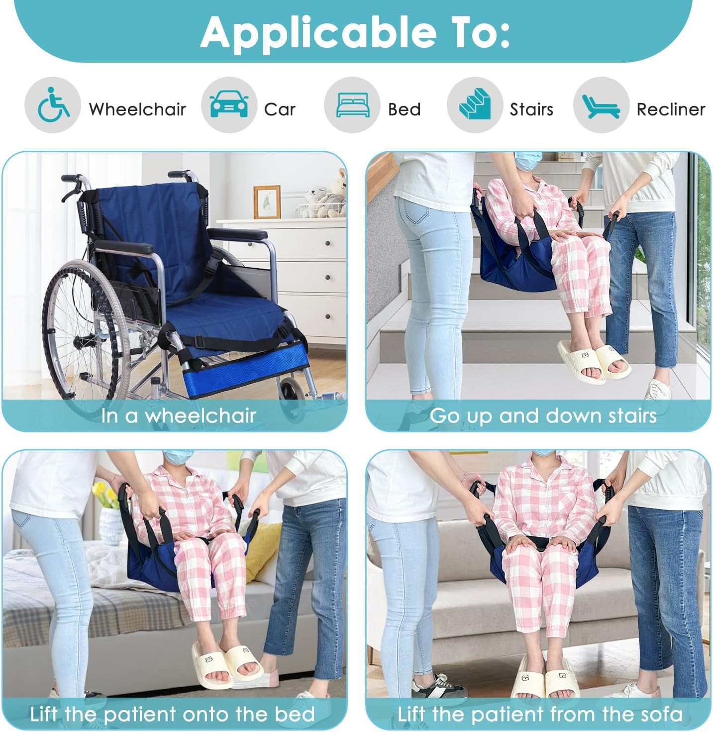 Patient Lift Stair Slide Board Transfer Emergency Evacuation Chair Wheelchair Belt Safety Full Body Medical Lifting Sling Sliding Transferring Disc Use for Seniors,Handicap (Blue - 4 Handles) image number 5