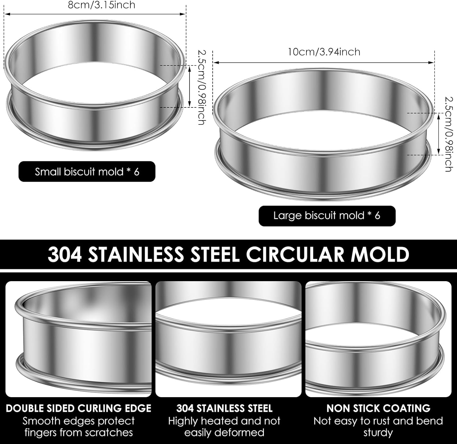 ZJMCAJY 12-Piece English Muffin Rings, 304 Stainless Steel, Double Rolled Edges, 8Cm & 10Cm Sizes, Nonstick, Dishwasher Safe - 10Cm image number 6